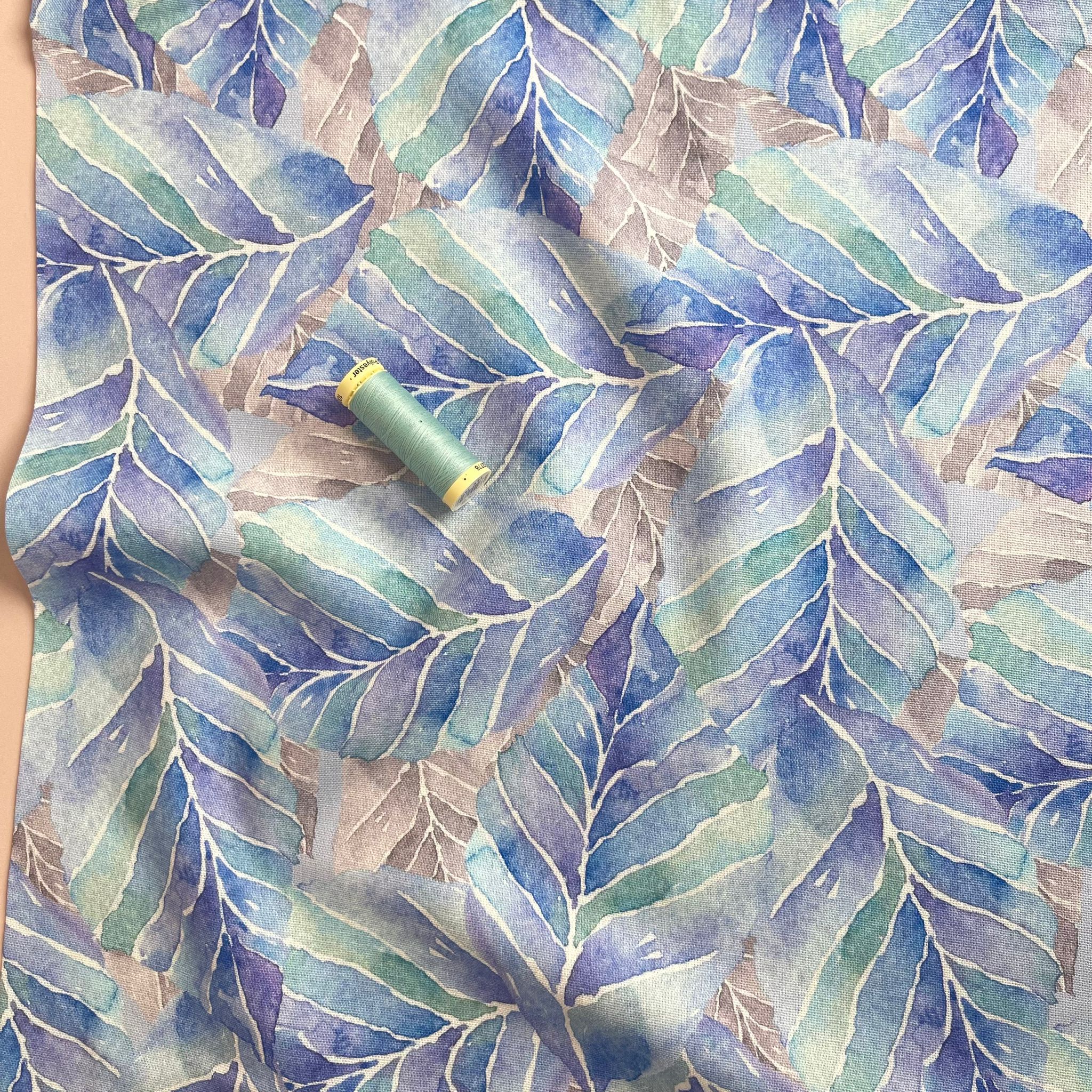 Aqua Leaves Viscose Linen Fabric