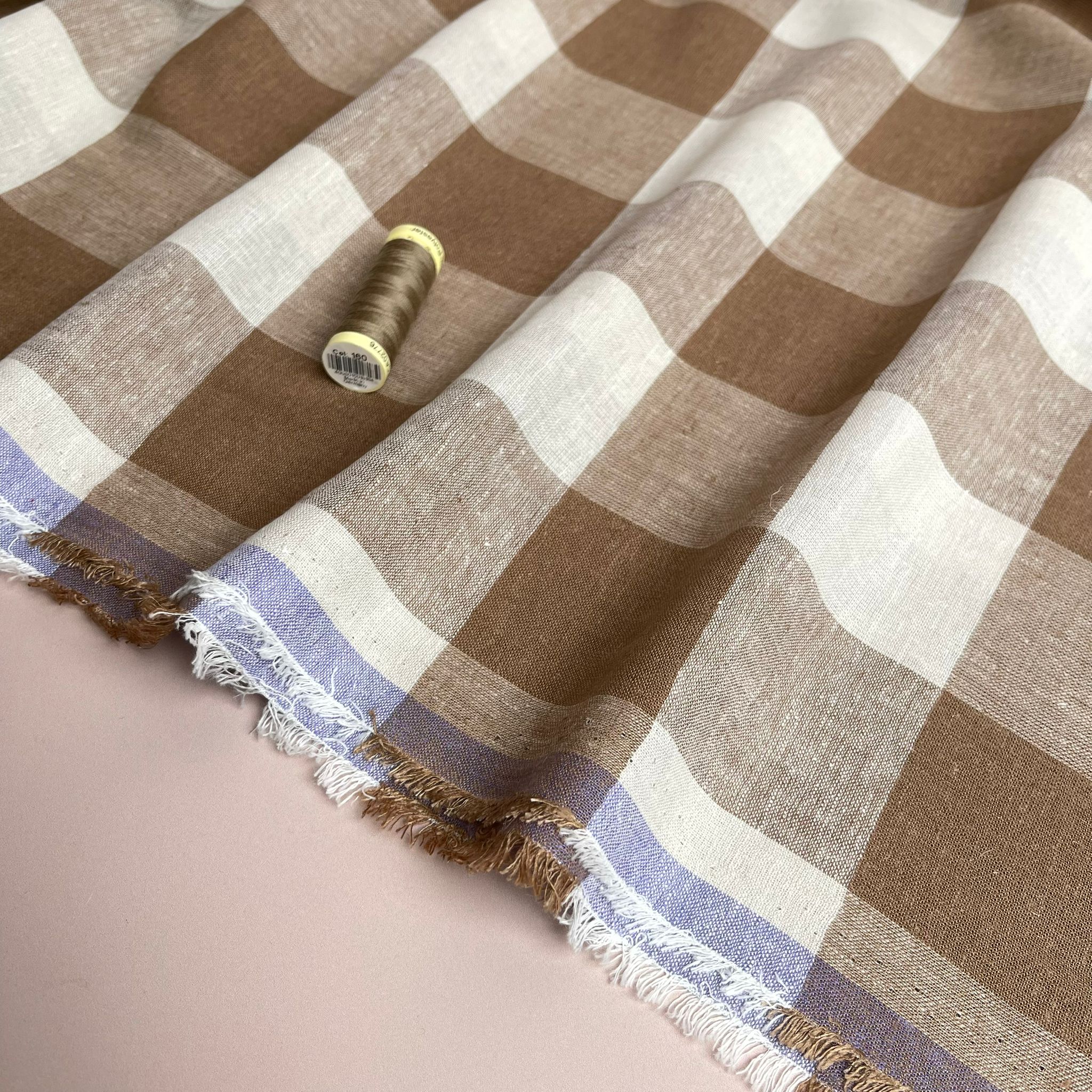 Yarn Dyed Mocha Gingham Viscose Linen Fabric