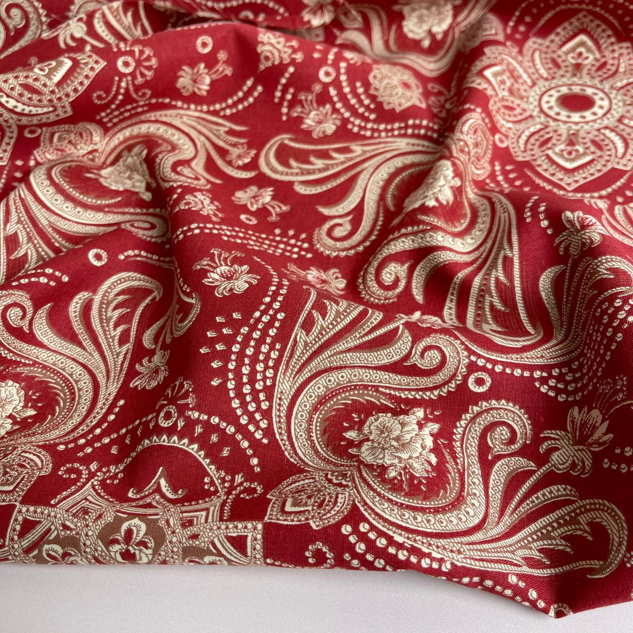 Ex-Designer Deadstock Ornate Paisley Red Linen and Viscose Blend Fabric