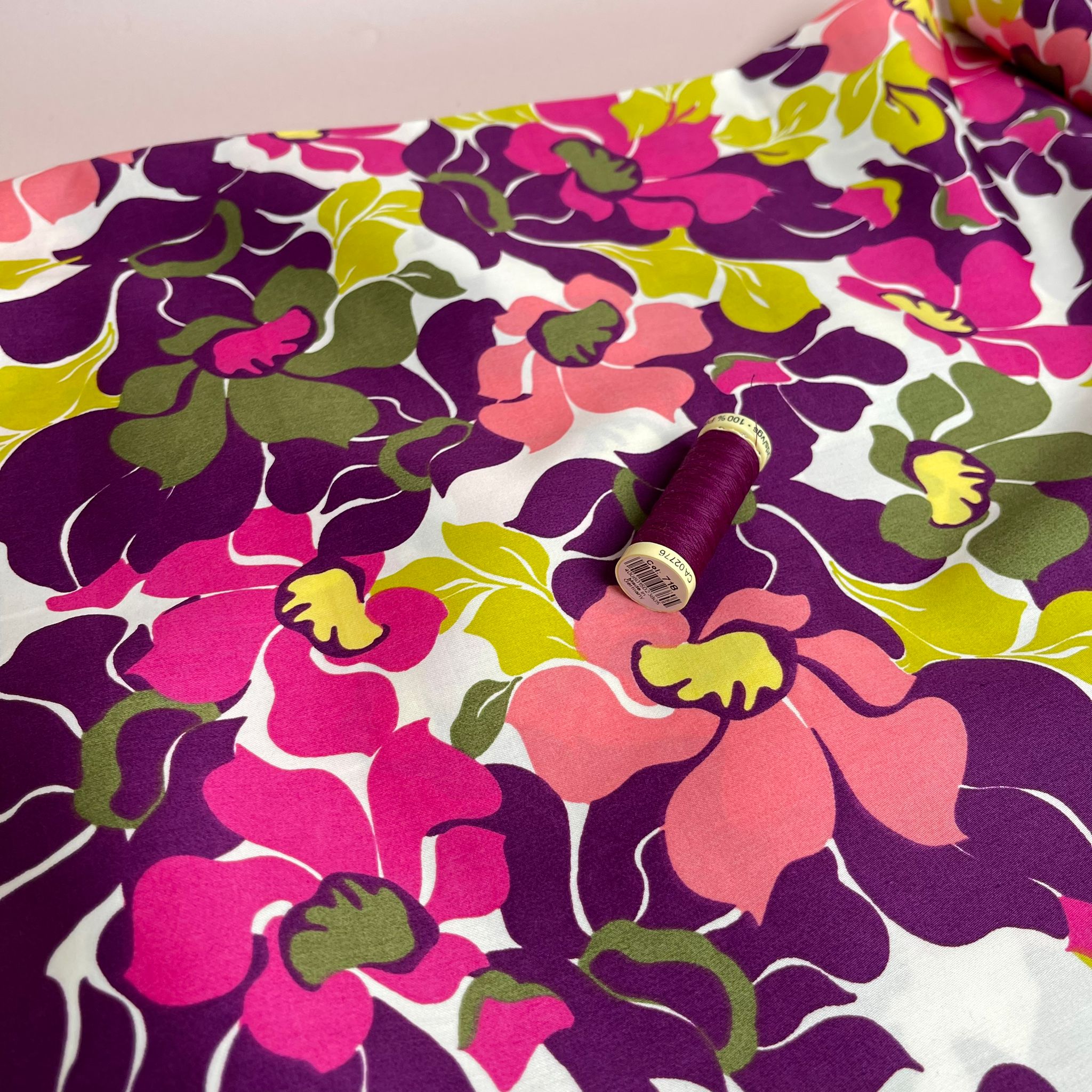 Abstract Green and Purple Blooms Cotton Sateen Fabric