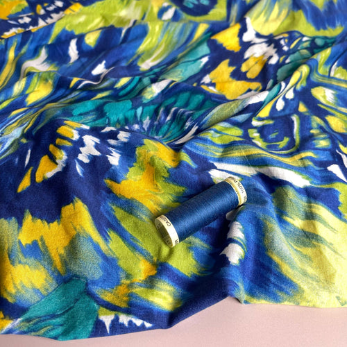 REMNANT 1.4 Metres - Butterfly Wings in Blue and Yellow Viscose Jersey Fabric