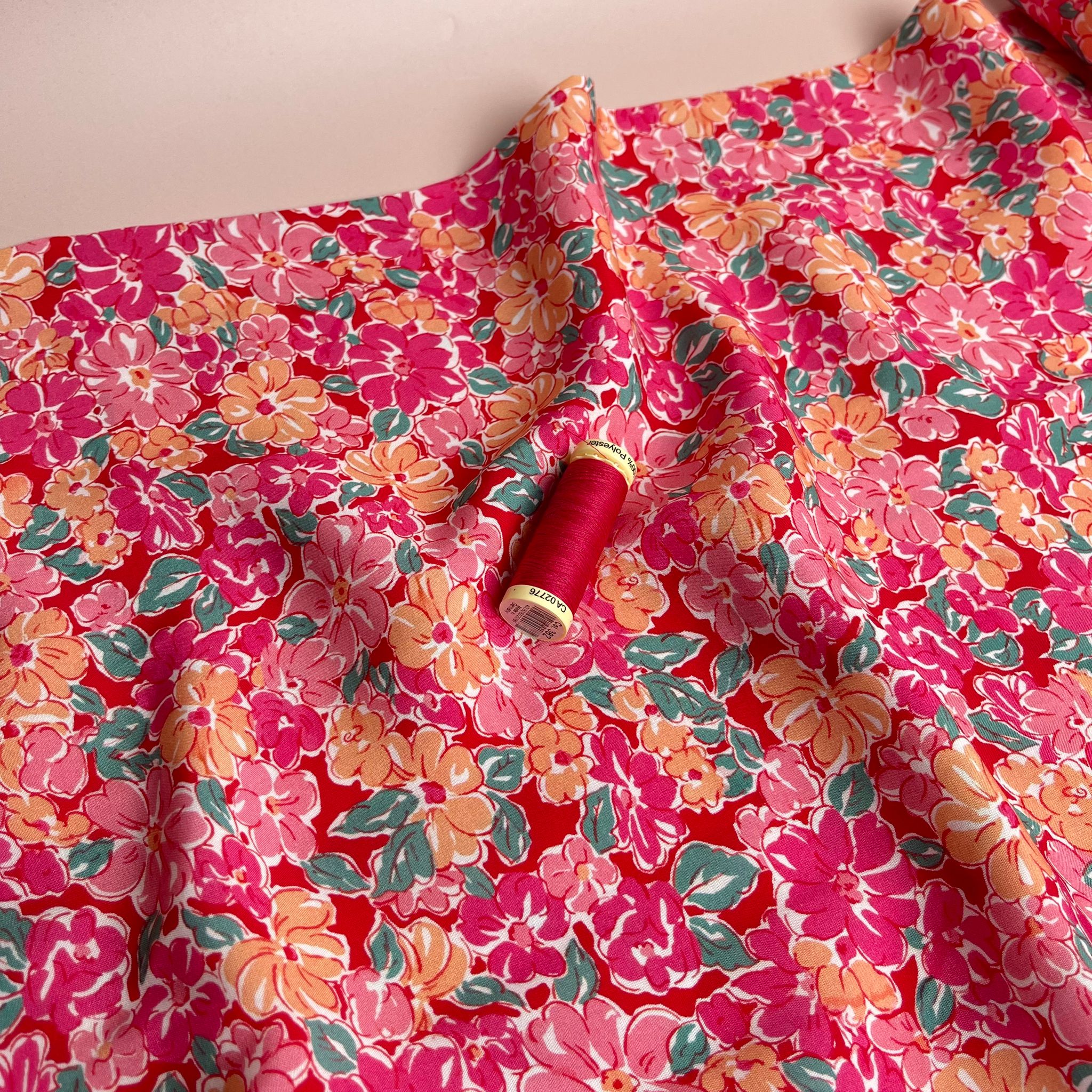 Meadow Flowers in Pink and Peach Viscose Fabric