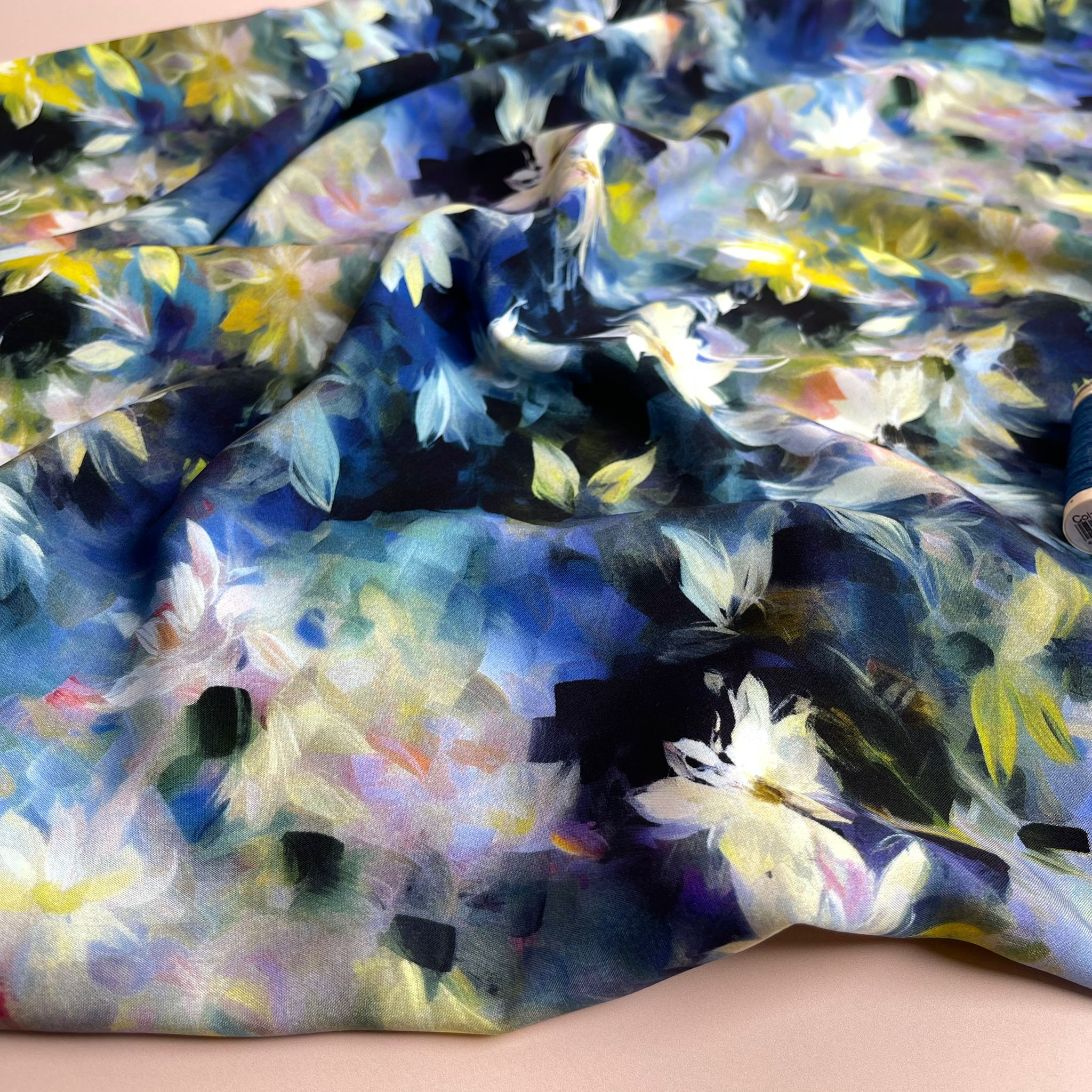 PRE-ORDER Watercolour Florals Cobalt Viscose Poplin Fabric (arriving by mid May)