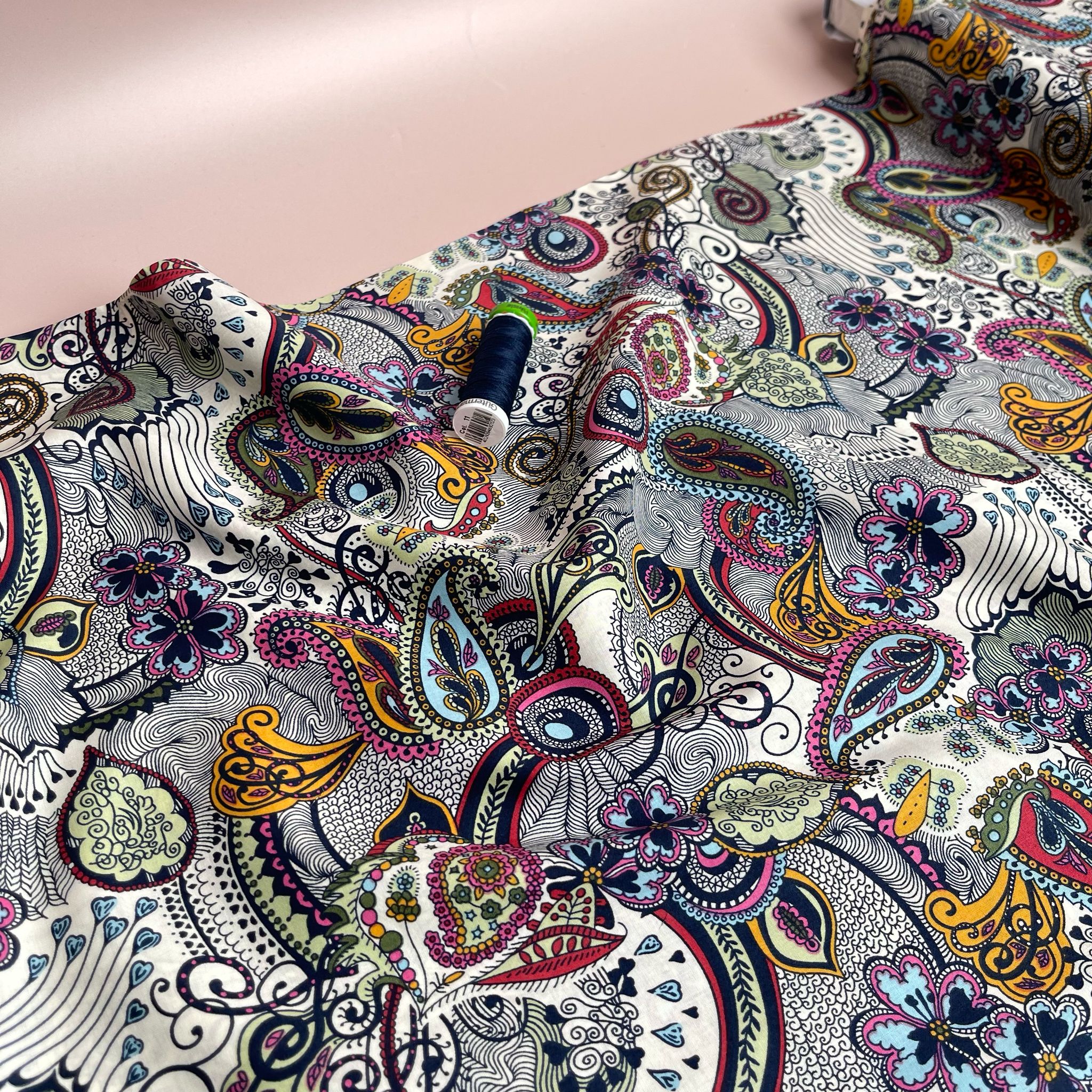 Summer Paisley on White Cotton Lawn Fabric