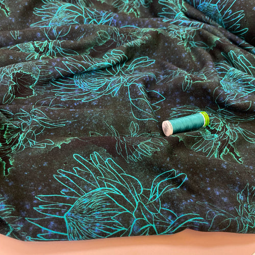 Turquoise Blooms on Black Pure Cotton French Terry