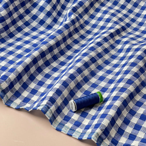 Blue Gingham Cotton Seersucker Fabric