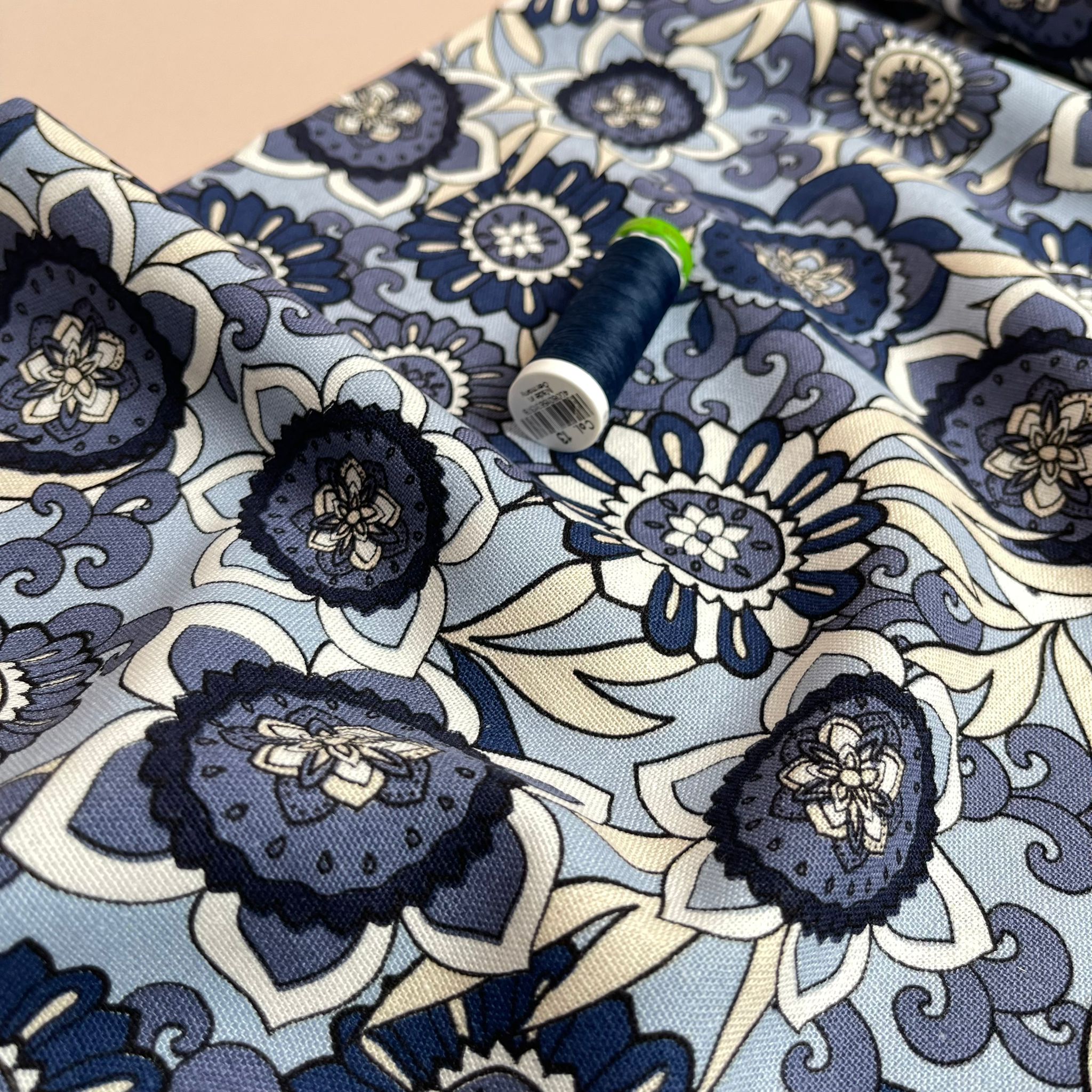 Seventies Flower on Blue Linen Viscose Blend Fabric