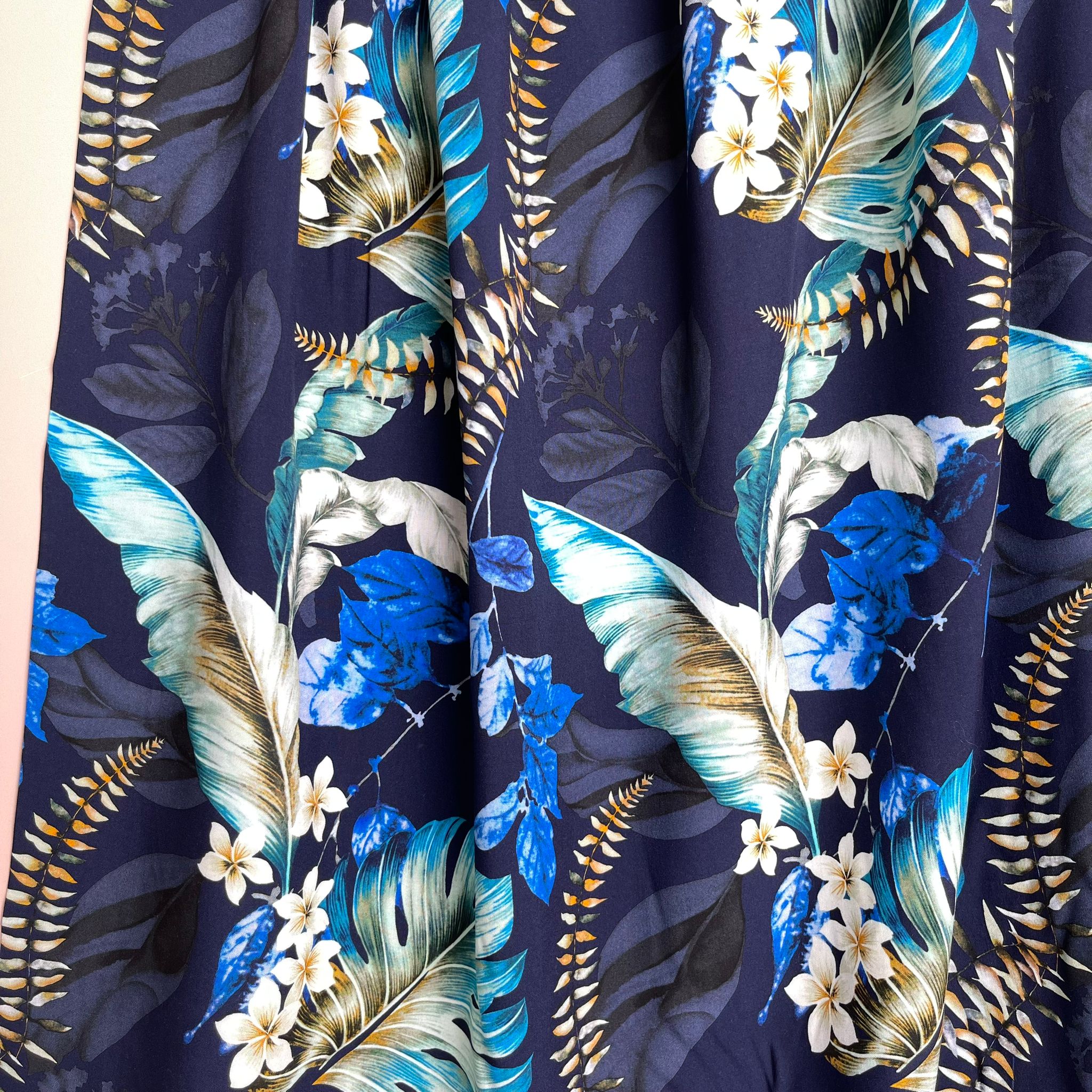 Tropical Turquoise Leaves on Navy Viscose Poplin Fabric