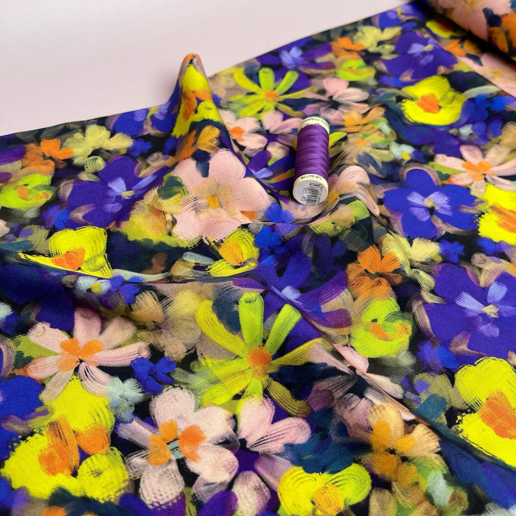 Purple and Yellow Florals Viscose Fabric