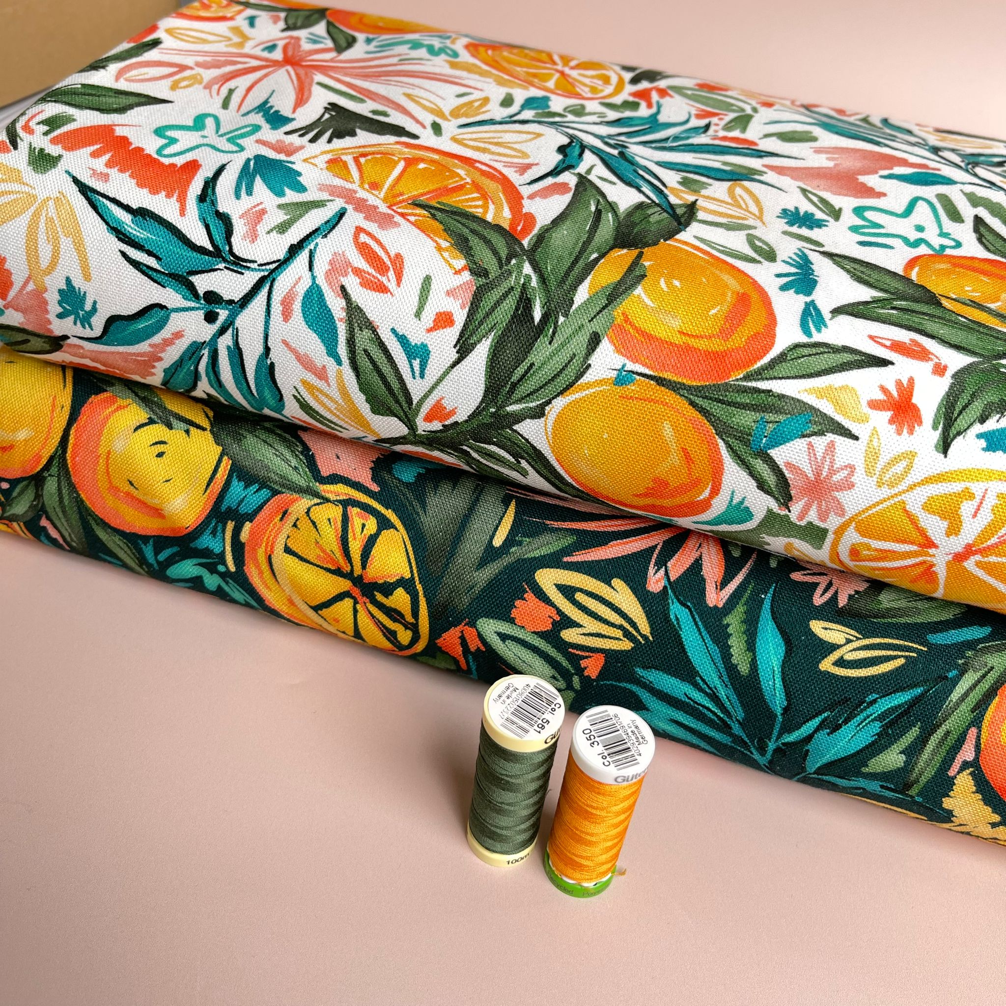 Orange Grove on Bottle Green Cotton Canvas Fabric