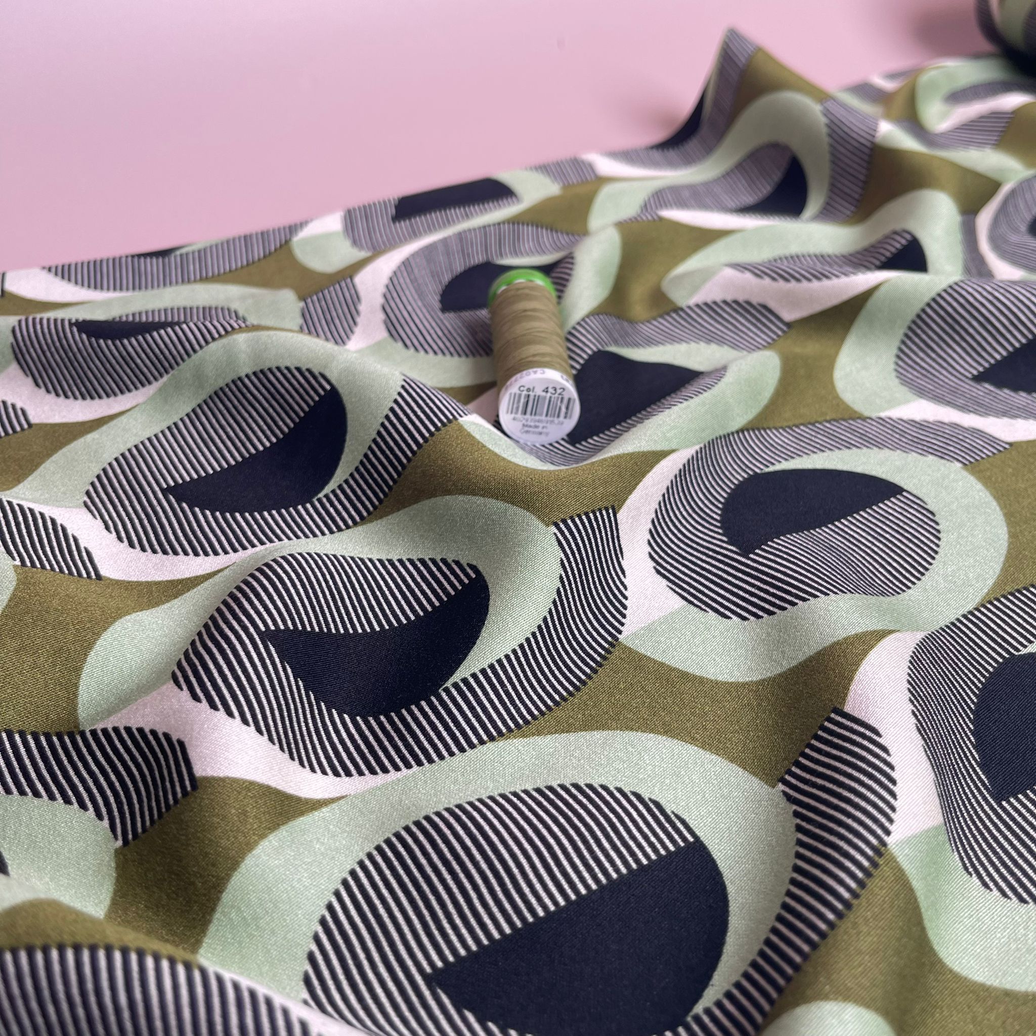 REMNANT 1.3 Metres - Abstract Circles on Olive Viscose Twill Sateen Fabric