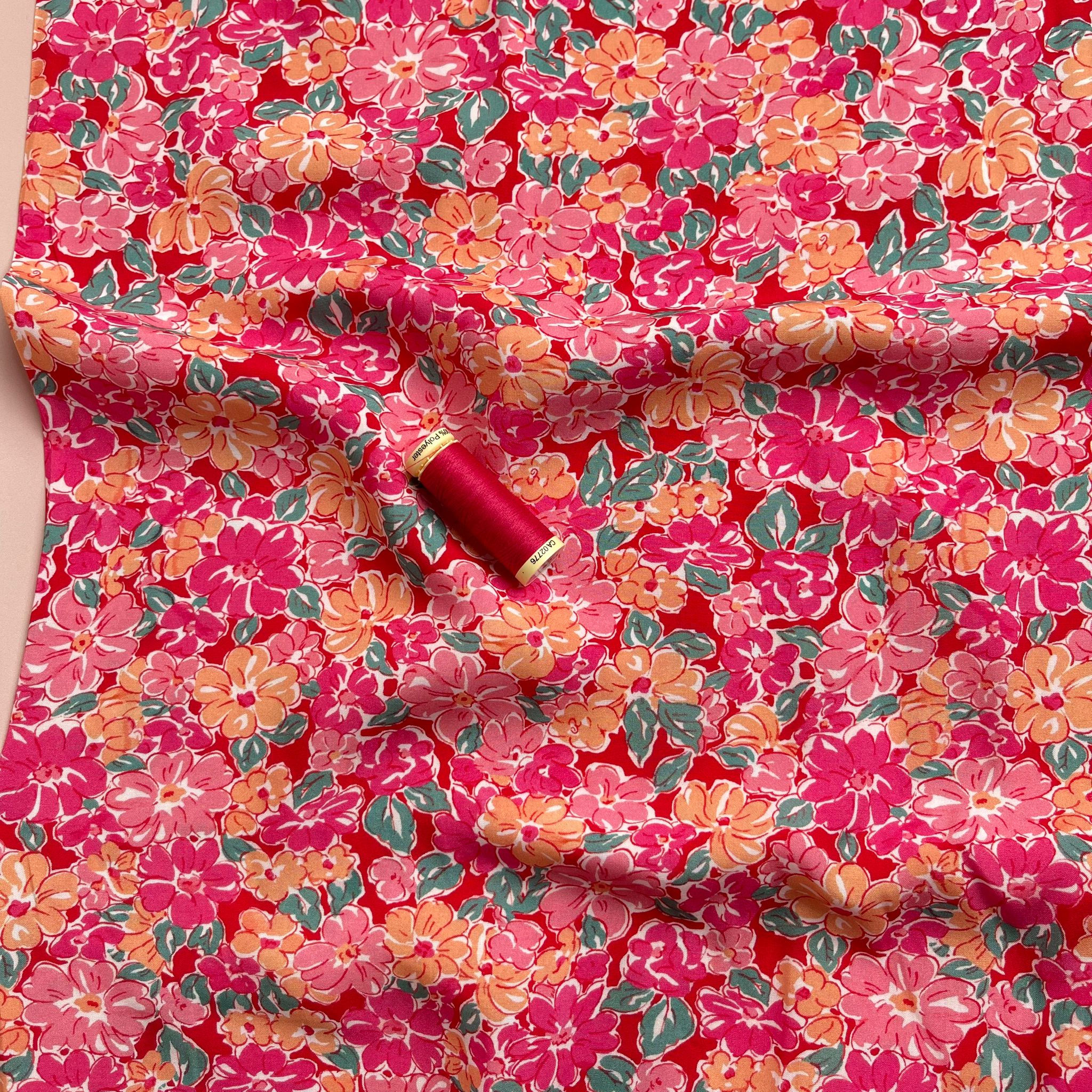 Meadow Flowers in Pink and Peach Viscose Fabric