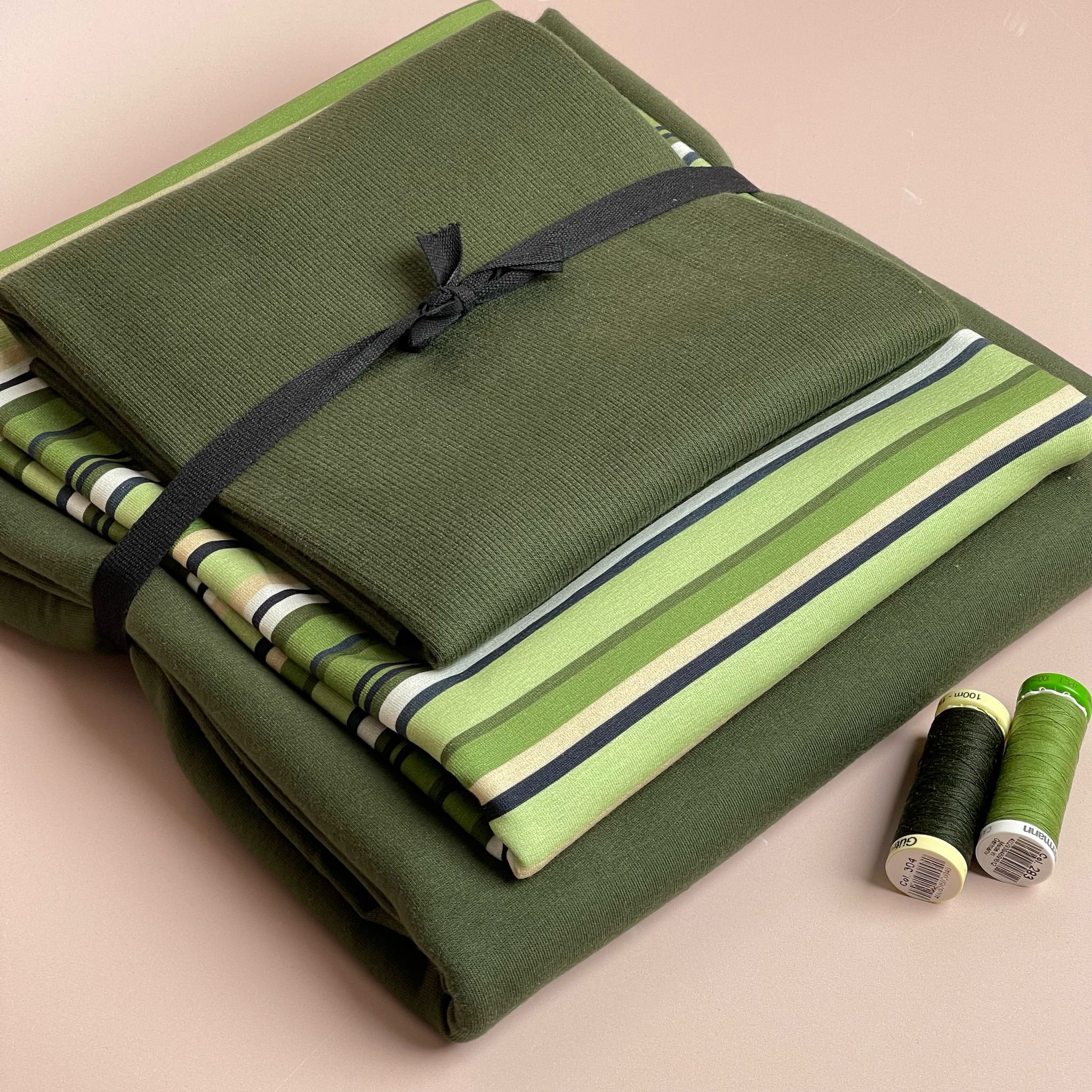 Make an Outfit Colour Bundle - Meadow Green Stripes Cotton Jersey with French Terry & Ribbing