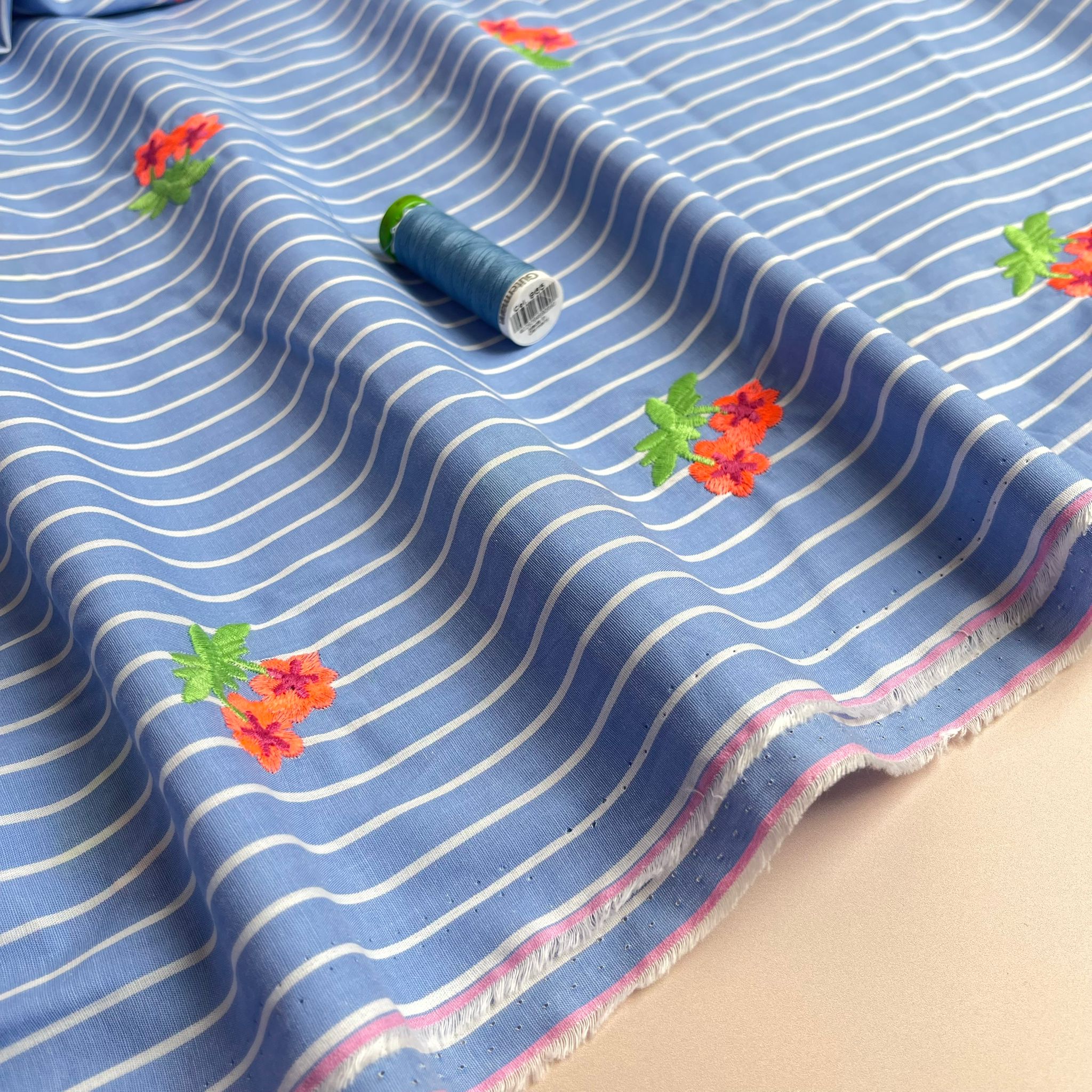 Embroidered Red Flowers on Blue Striped Cotton Fabric