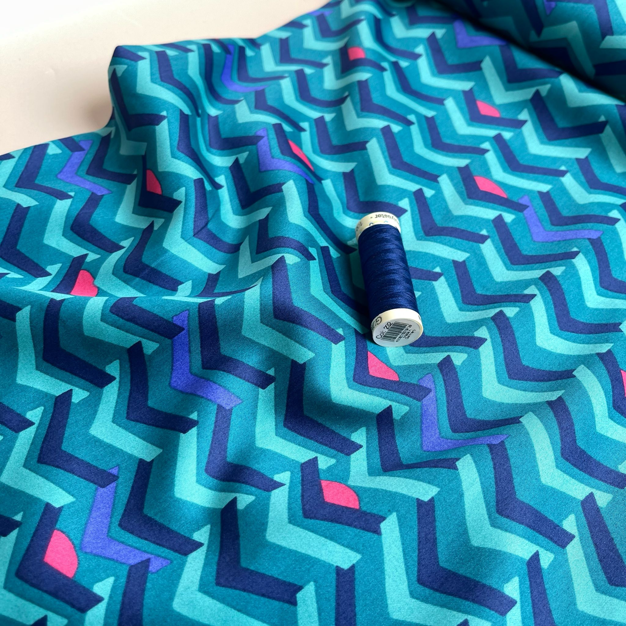 Abstract Teal Chevrons Cotton Sateen Fabric