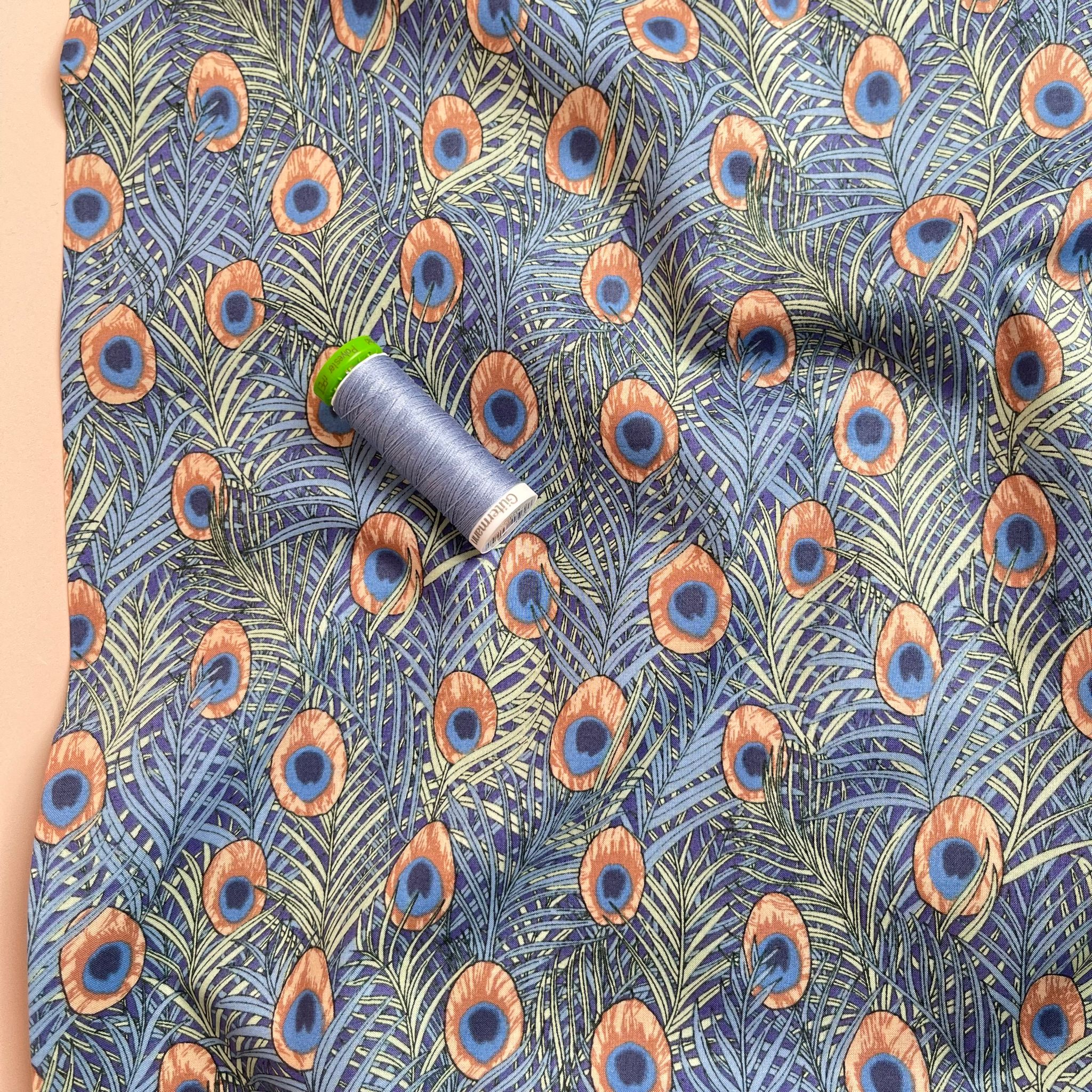 Peacock in Blue and Peach Cotton Lawn Fabric