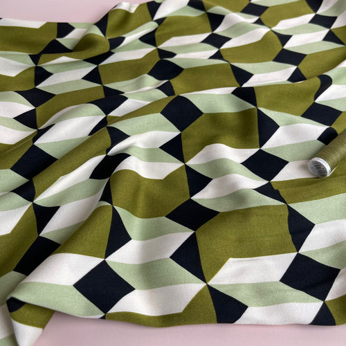 REMNANT 0.77 Metre - Abstract Shapes Olive Viscose Twill Sateen Fabric