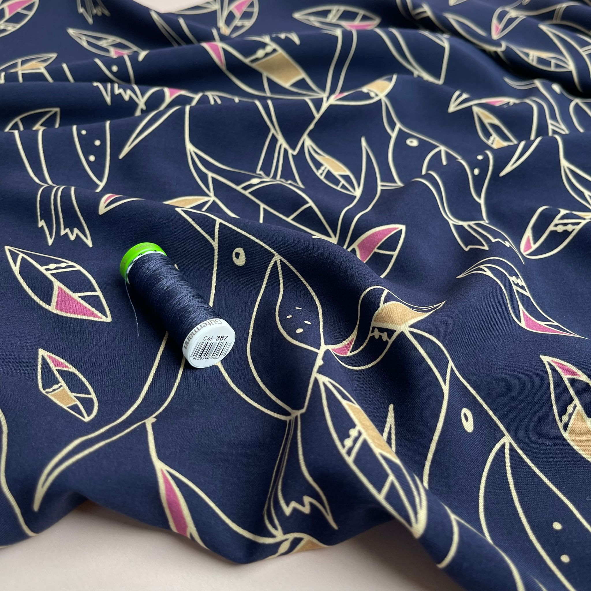 REMNANT 2 Metres - Graphic Birds Pink on Navy Viscose Poplin Fabric