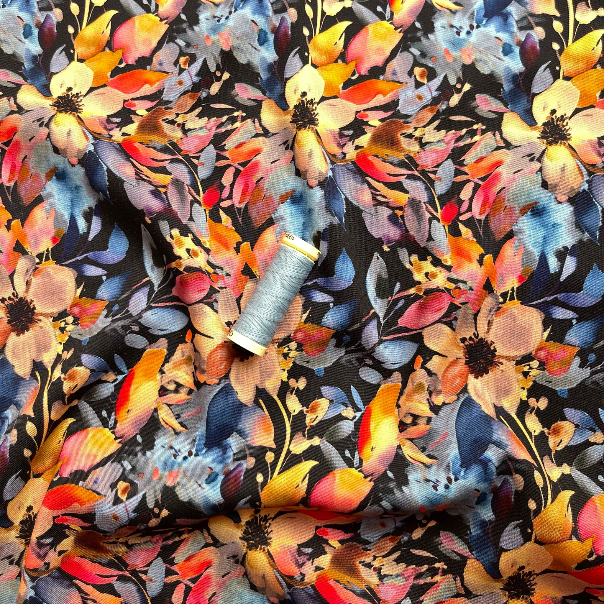 REMNANT 0.66 Metres - Rosella Sunset Watercolour Bouquet on Black Stretch Viscose Fabric
