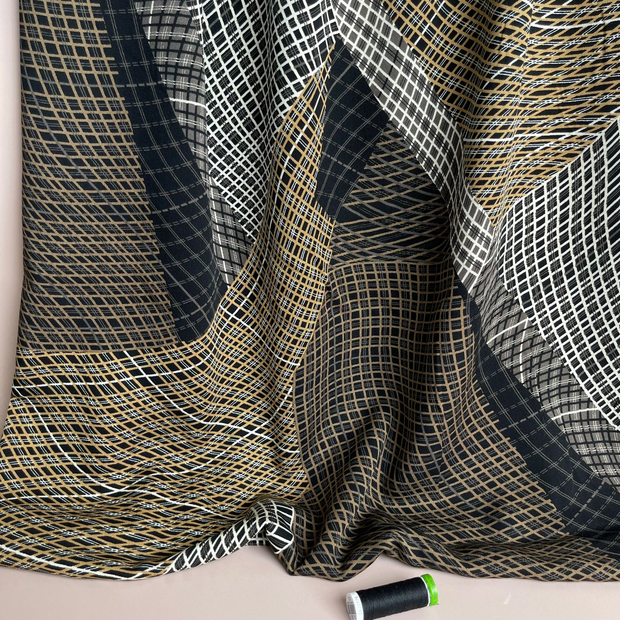 Golden Abstract Grids Viscose Twill Fabric