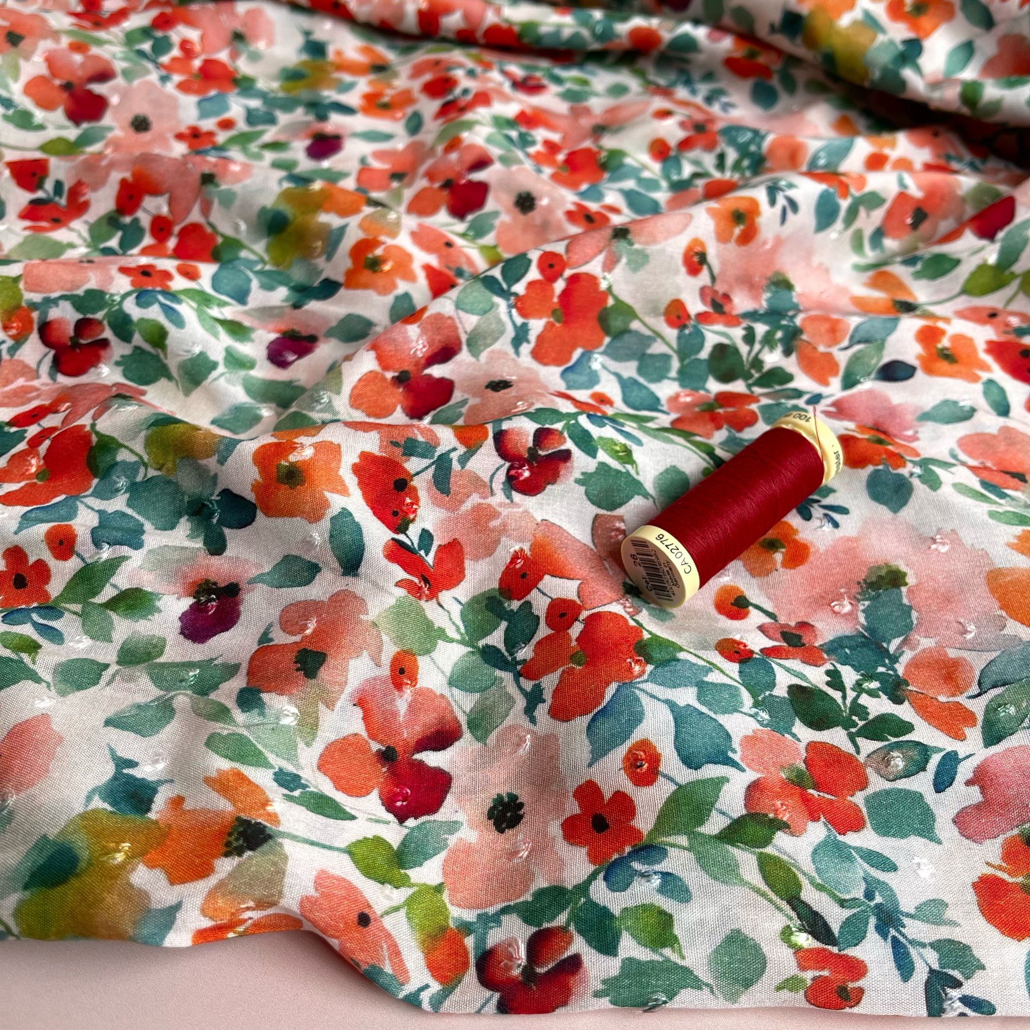 Poppy Field Blossoms on White Dobby Viscose Fabric