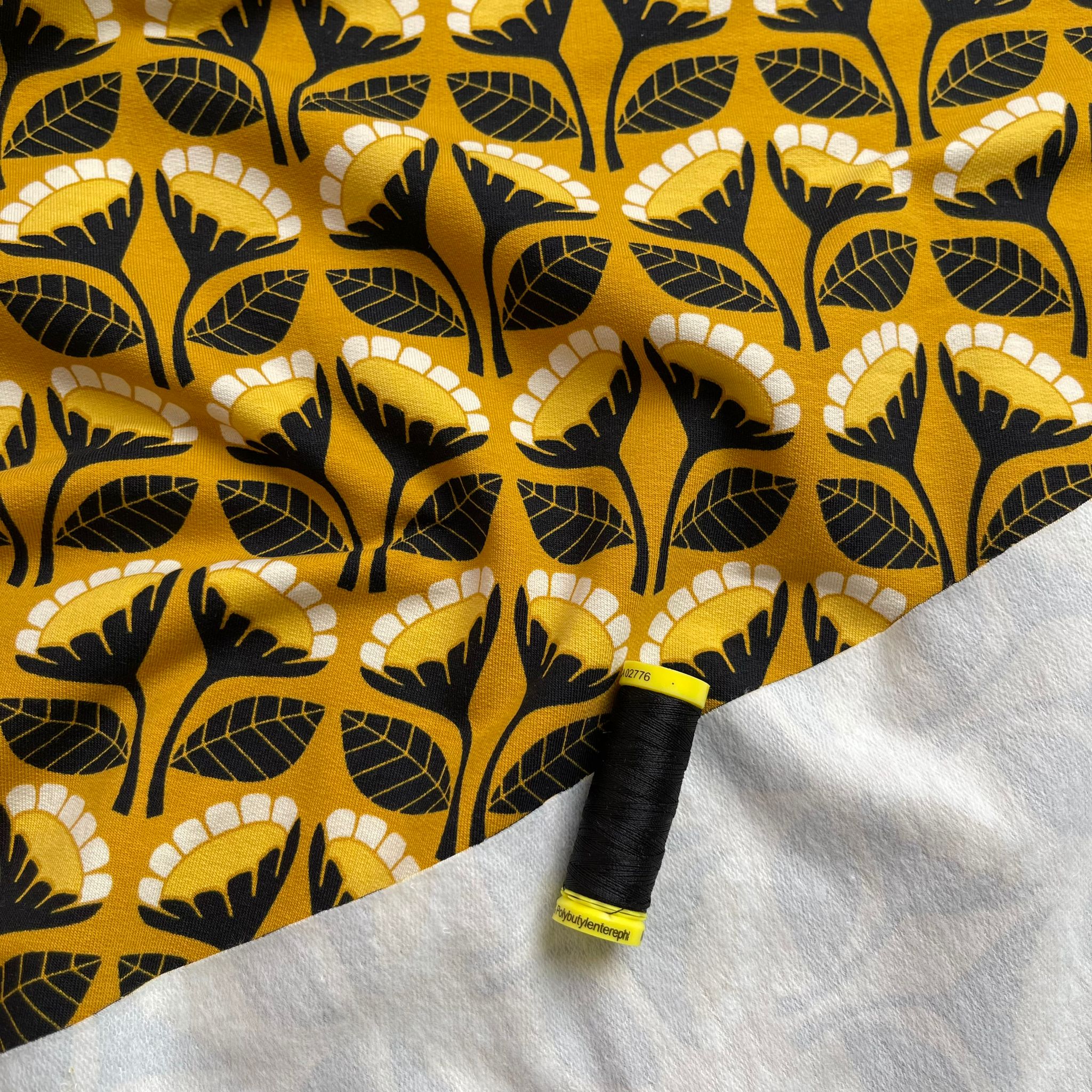 Monochrome Flowers on Yellow Cotton French Terry