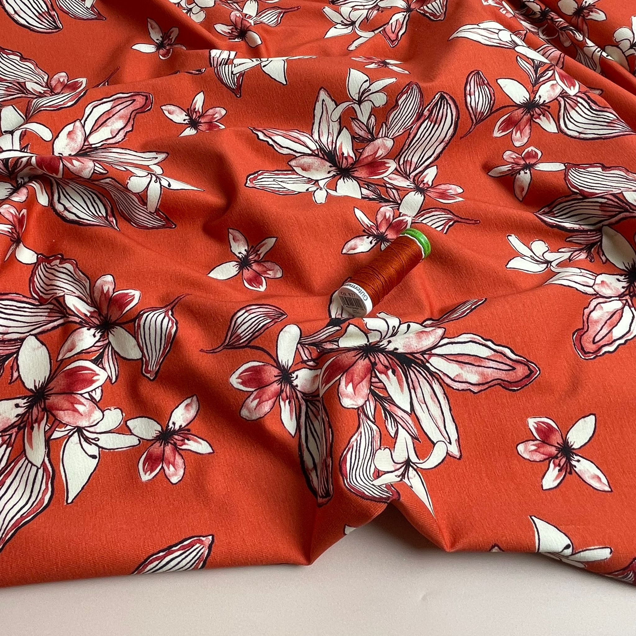 Danish Design - Watercolour Blossoms on Rust Cotton Jersey Fabric