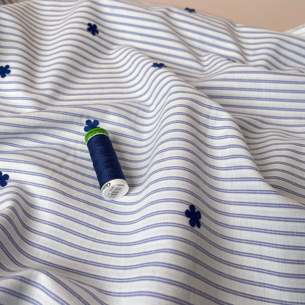 Applique Blue Flowers on White Striped Cotton Fabric