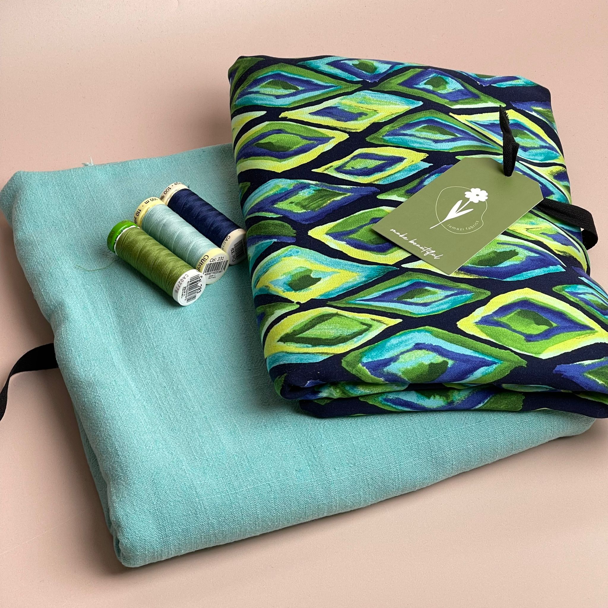 Make an Outfit Colour Bundle - Ocean Diamond Viscose Sateen with Turquoise Flow Linen