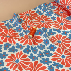 Retro Flowers in Blue and Orange Cotton Jersey Fabric
