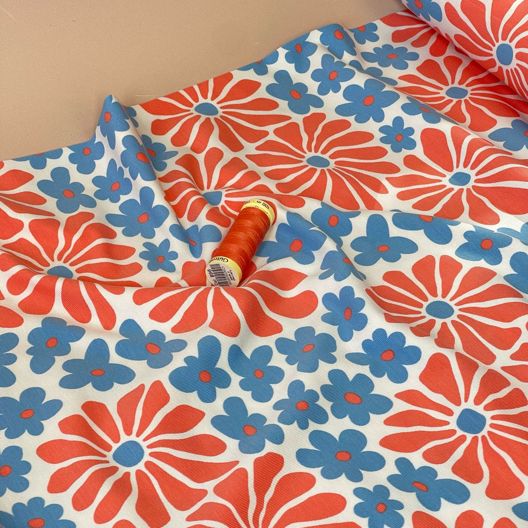 Retro Flowers in Blue and Orange Cotton Jersey Fabric