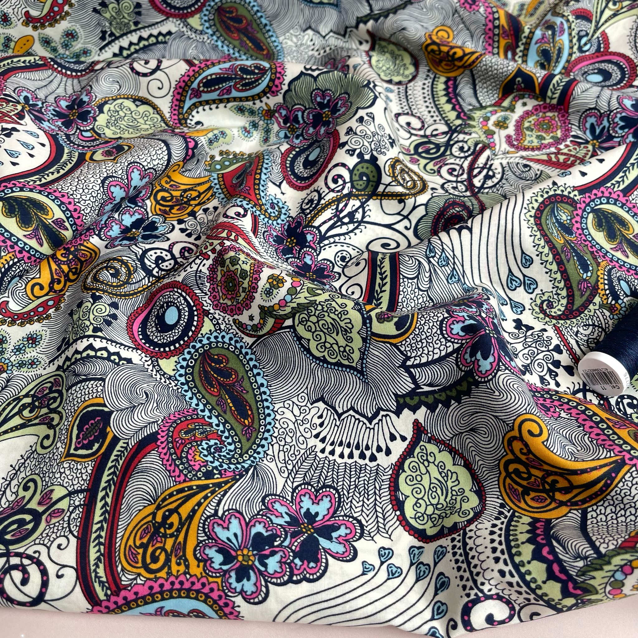 Summer Paisley on White Cotton Lawn Fabric