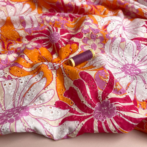 Tropical Sunset Flowers Cotton Broderie Anglaise