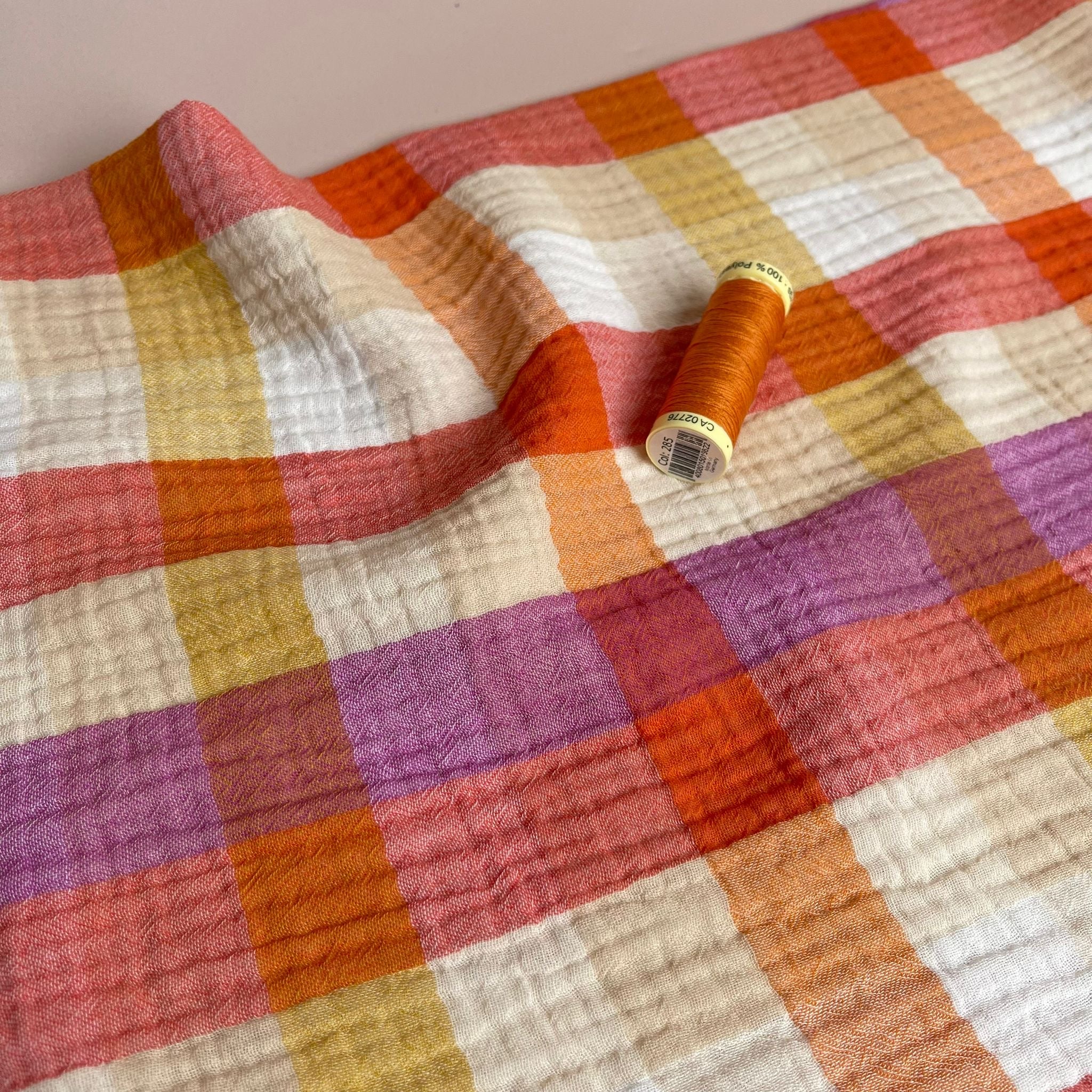 REMNANT 0.42 Metre - Checked Sunset Cotton Double Gauze