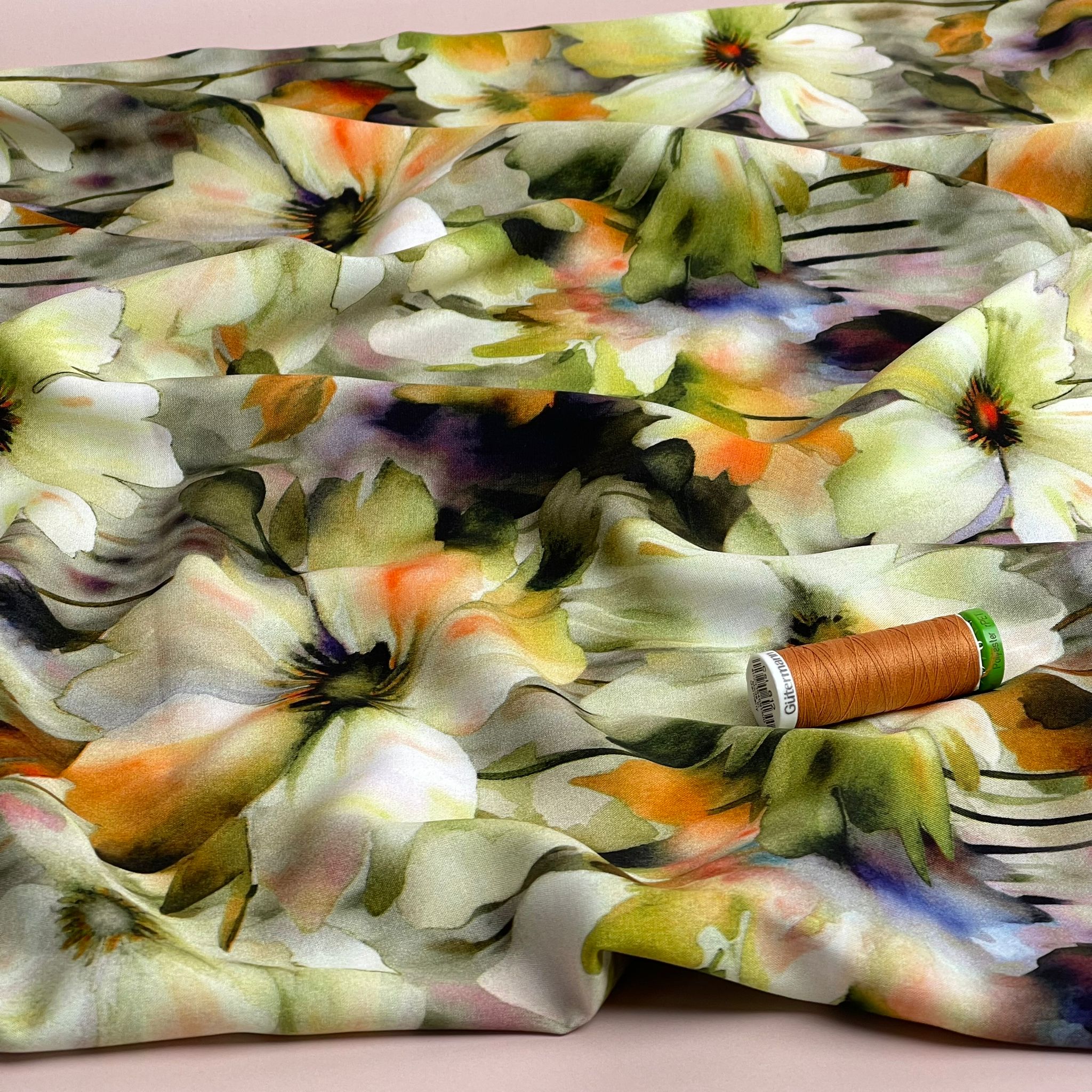 Forest Flowers in Green Viscose Poplin Fabric