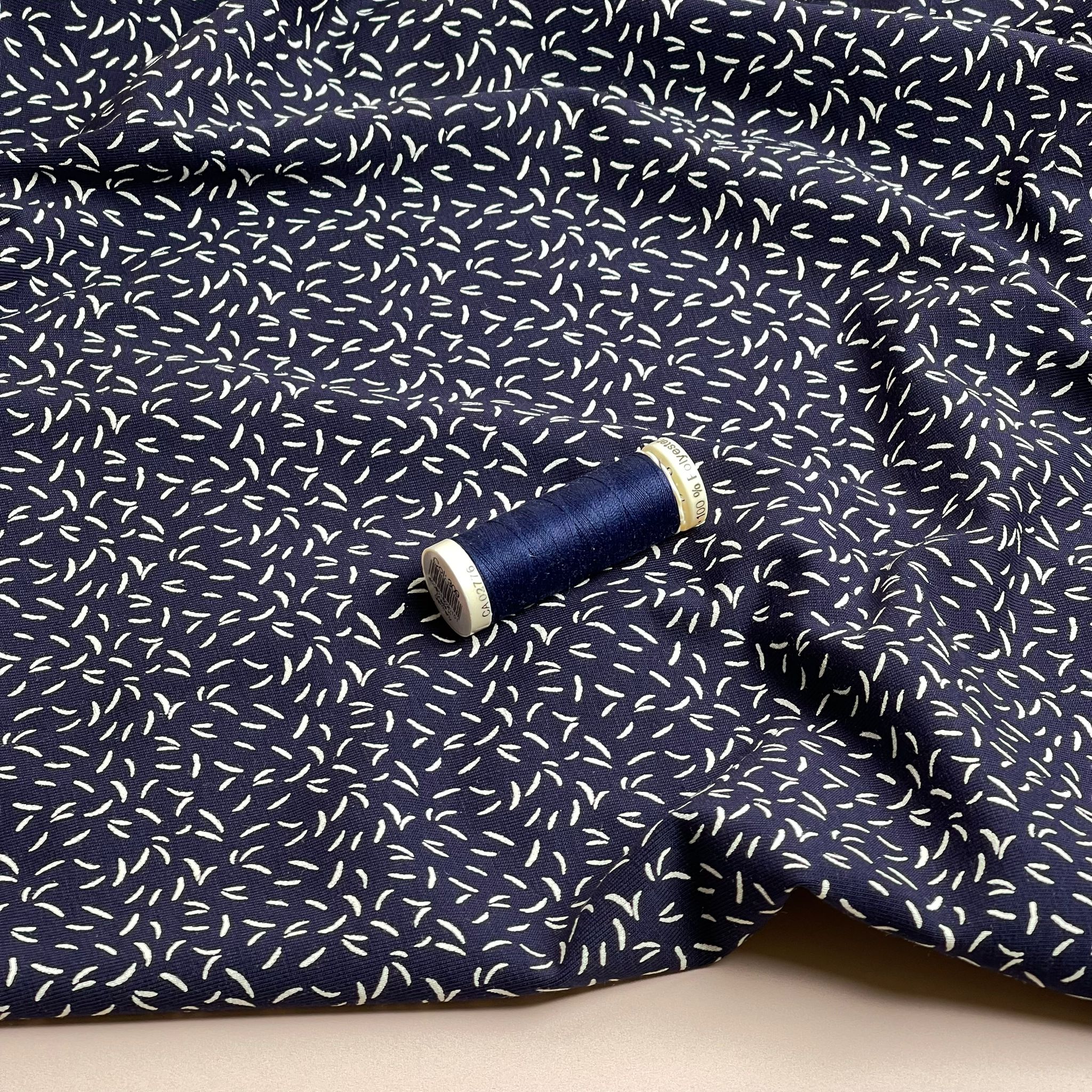 REMNANT 1.93 Metres - Dashes on Navy Cotton Jersey Fabric