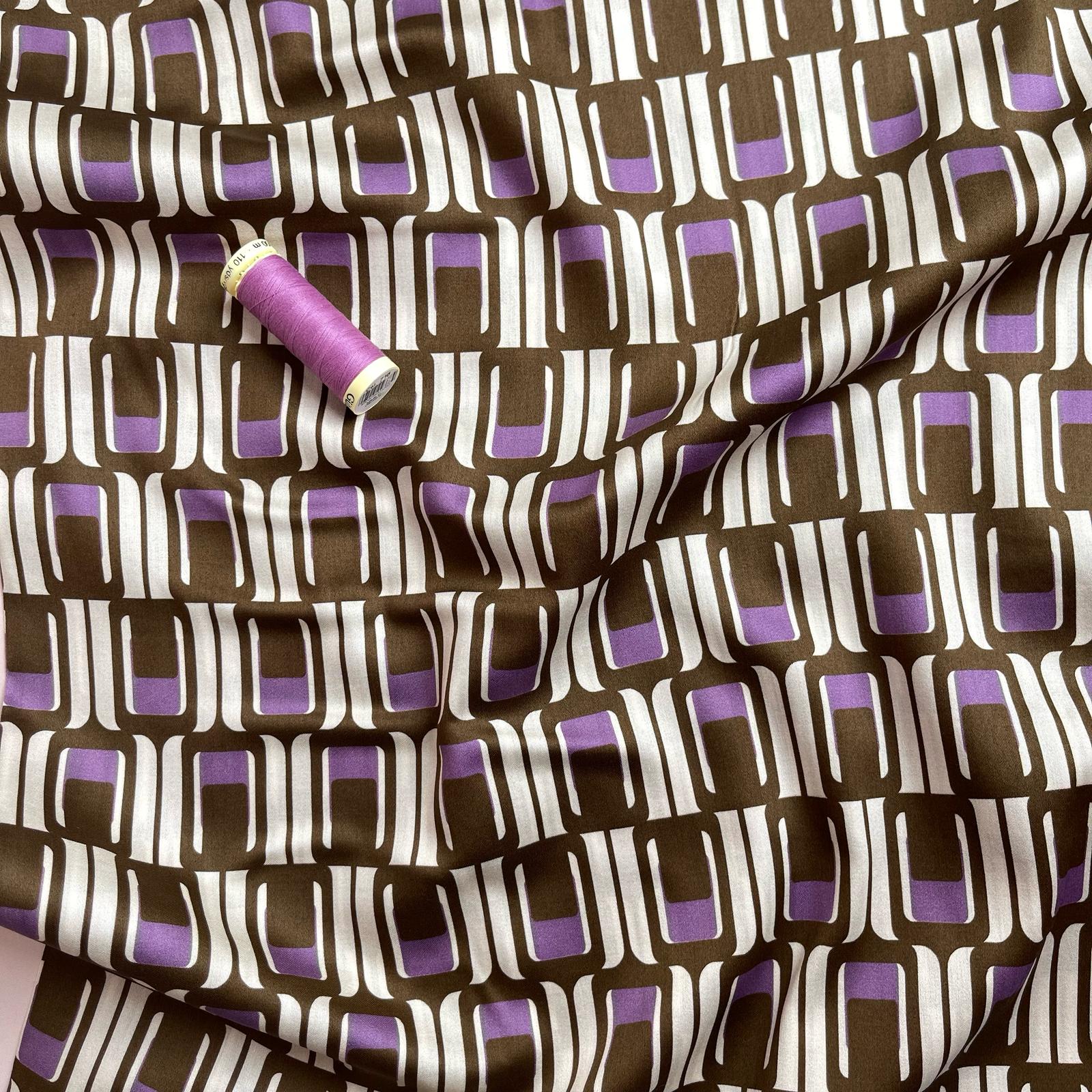 Deadstock Brown and Purple Geo Cotton Sateen Fabric