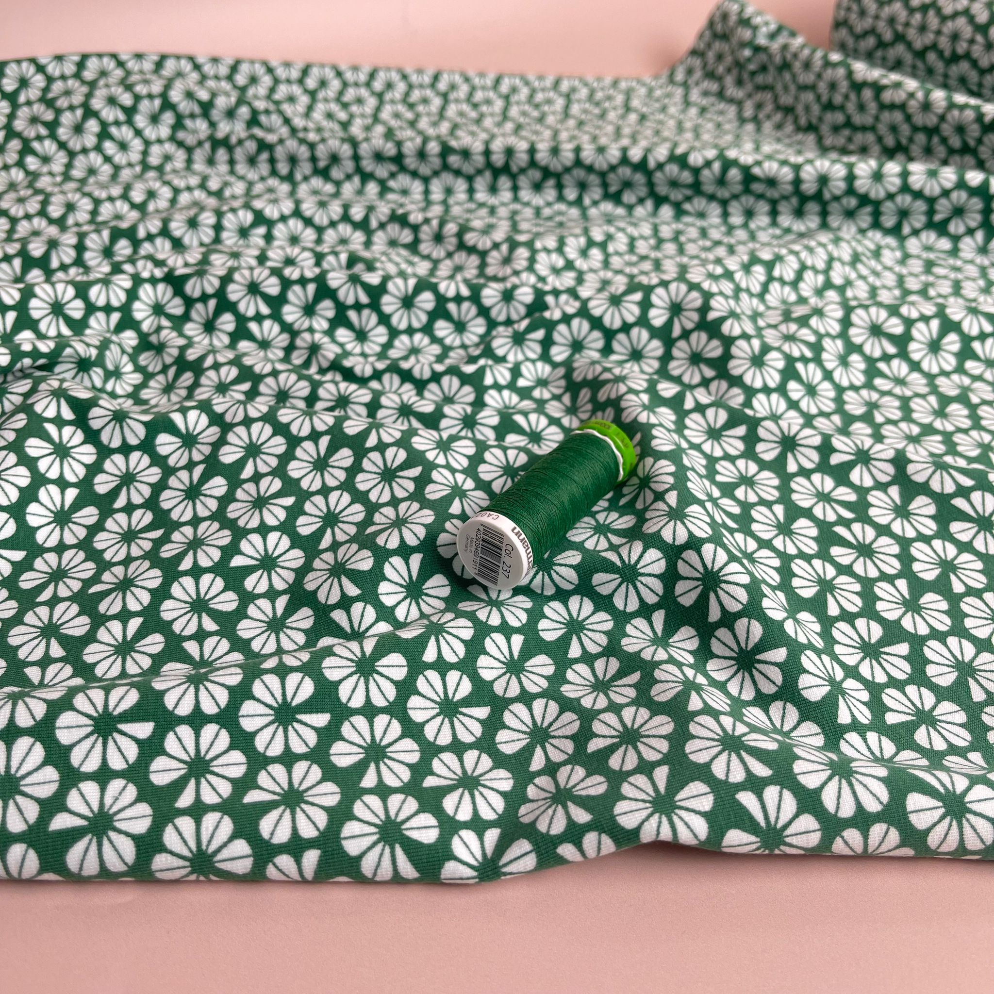 REMNANT 0.37 metre - Graphic Pansies on Emerald Green GOTS Organic Cotton Jersey