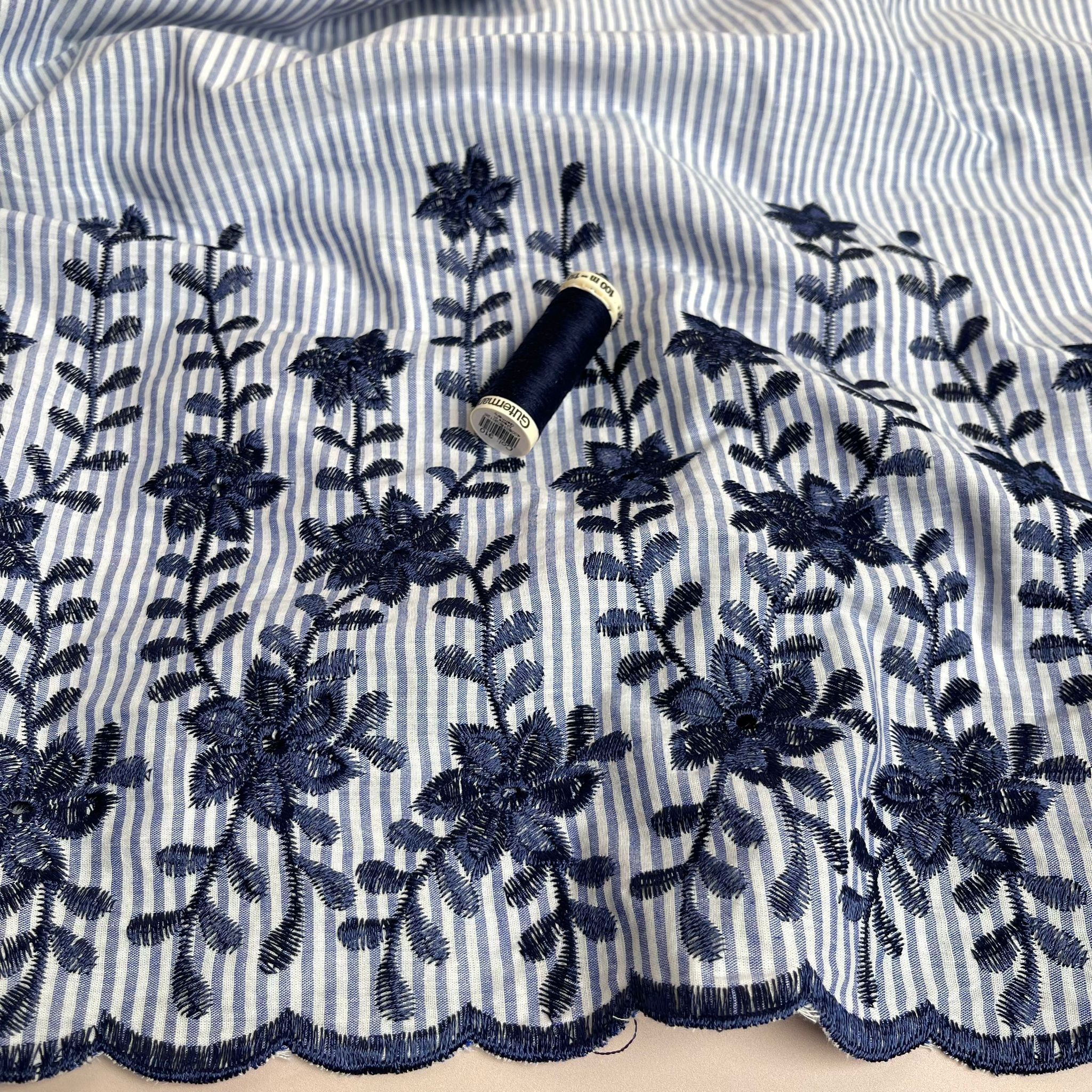 REMNANT 1.4 Metres - Embroidered Scalloped Flowers on Blue Striped Cotton Fabric