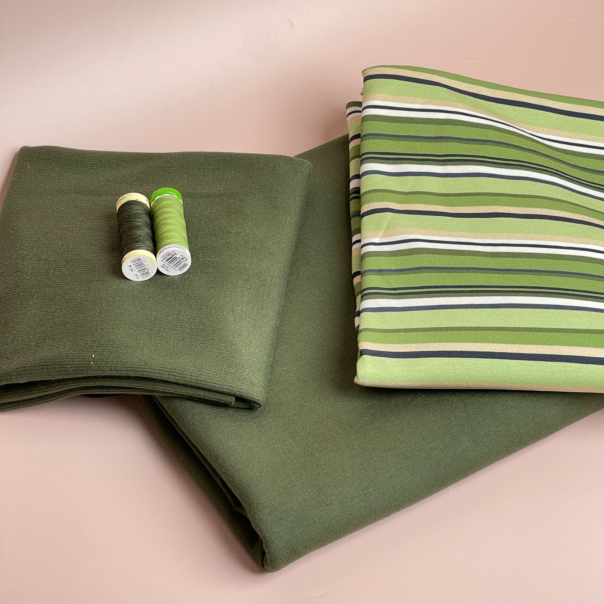 Make an Outfit Colour Bundle - Meadow Green Stripes Cotton Jersey with French Terry & Ribbing