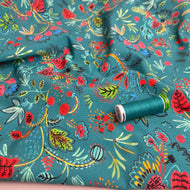 Delicate Paisley & Strawberries on Teal Cotton Jersey Fabric