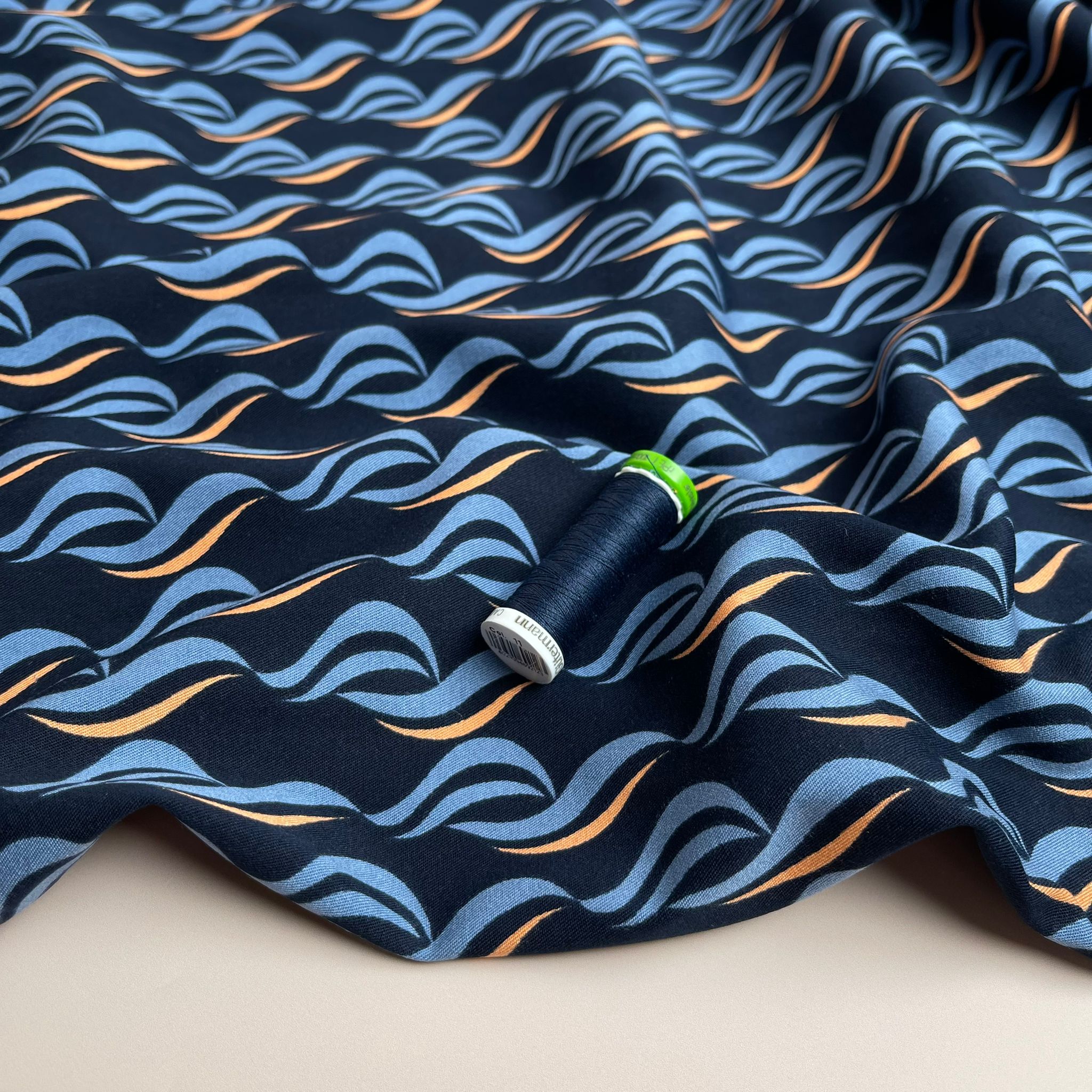 Rosella Waves on Navy Viscose Twill with Stretch