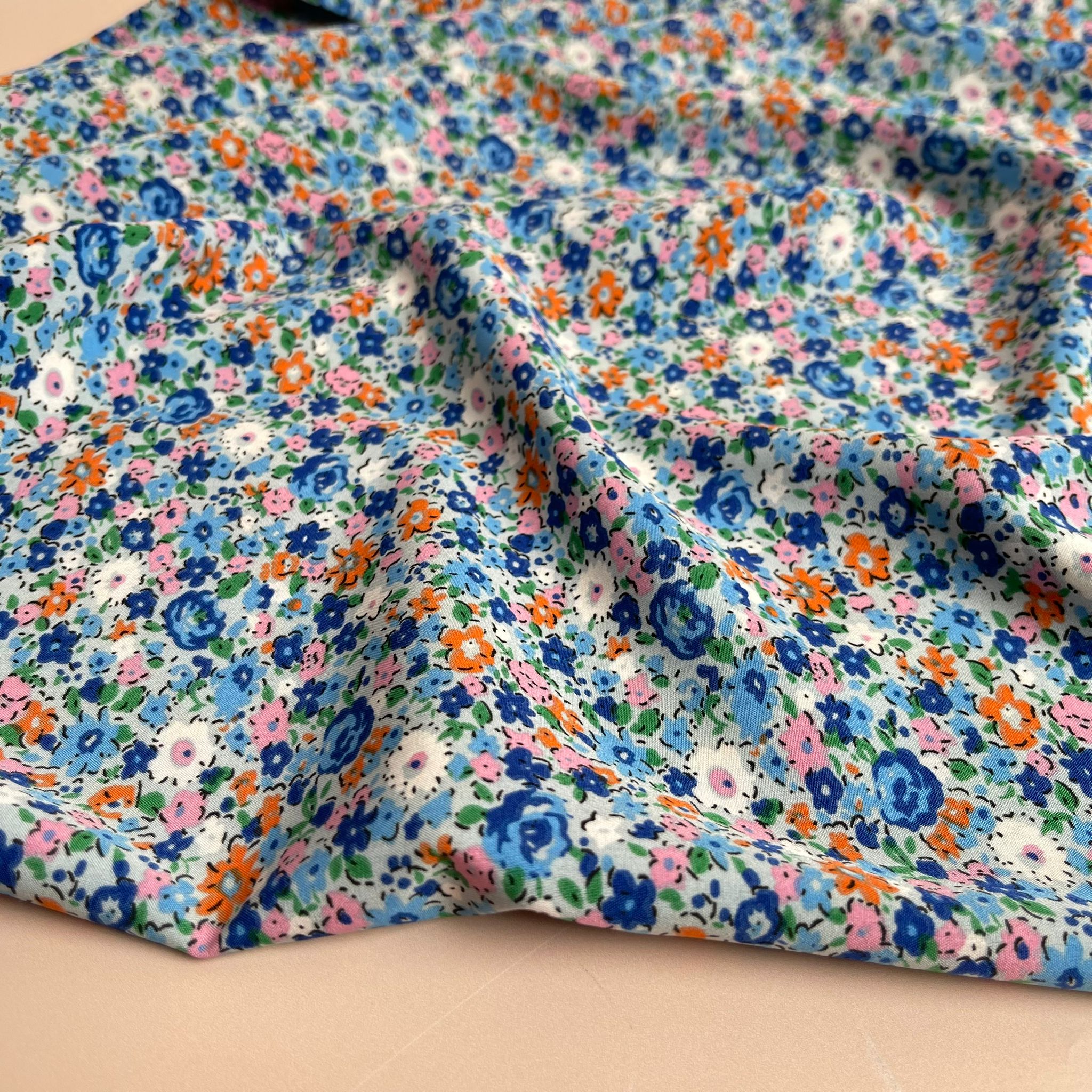 Ditsy Blue Meadow Stretch Polyester Fabric