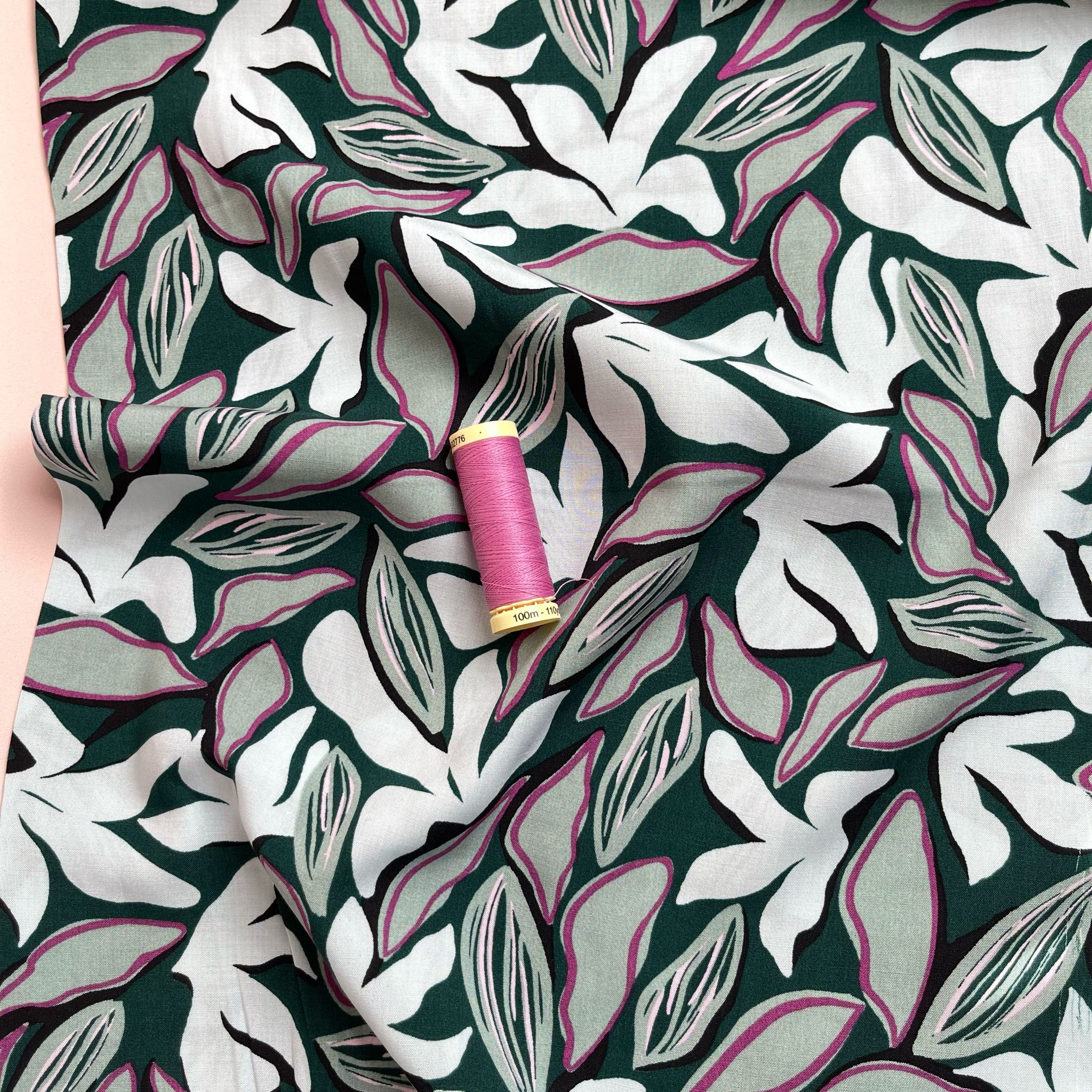 Abstract Leaves on Bottle Green Viscose Fabric