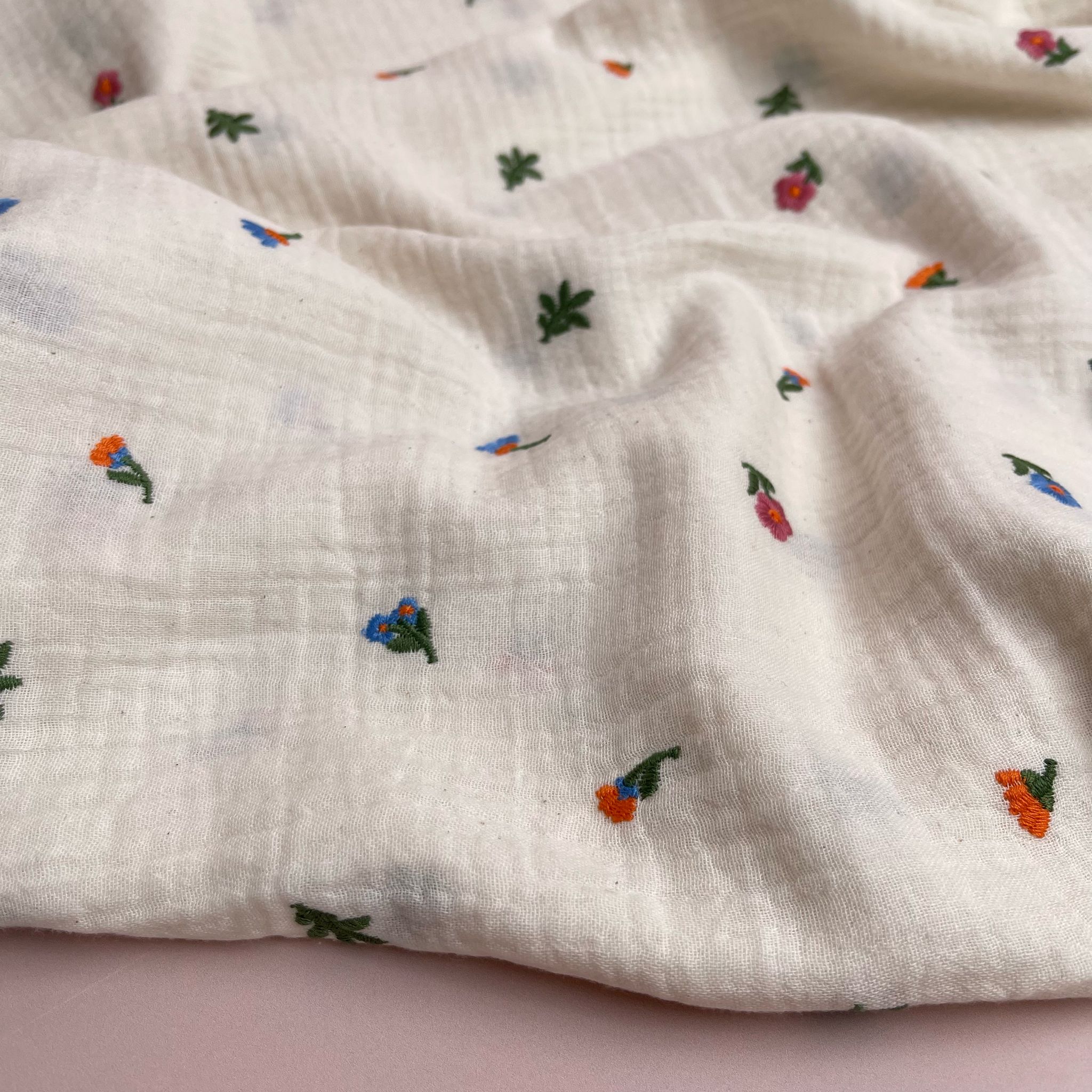 Embroidered Ditsy Florals on Off-White Cotton Double Gauze