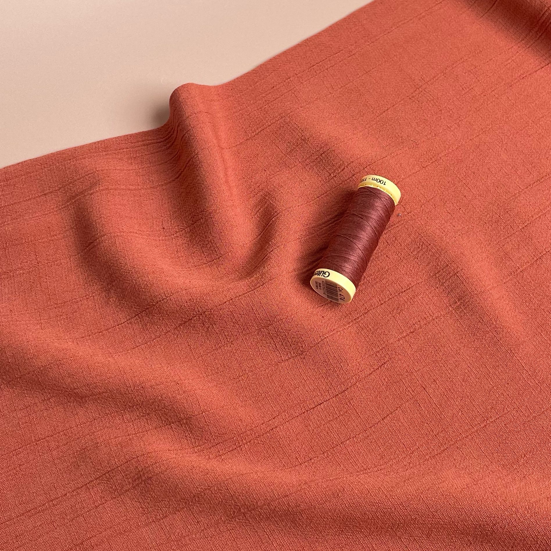 Crinkle Viscose Linen Blend Fabric in Terracotta Orange
