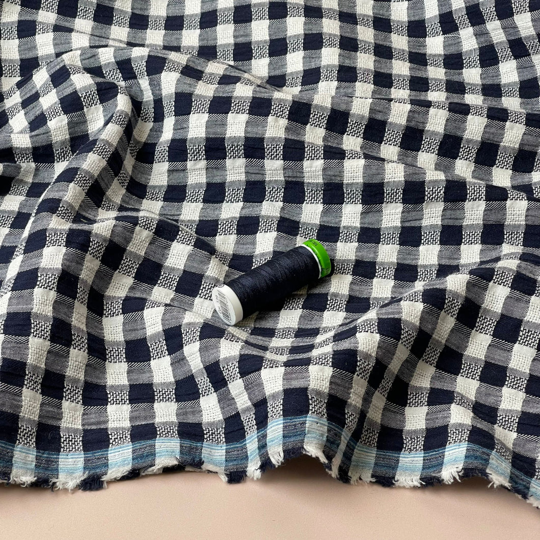 Navy Gingham Cotton Seersucker Fabric