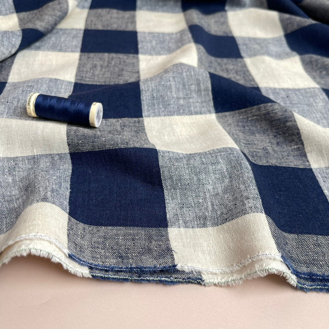 Yarn Dyed Navy Gingham Viscose Linen Fabric