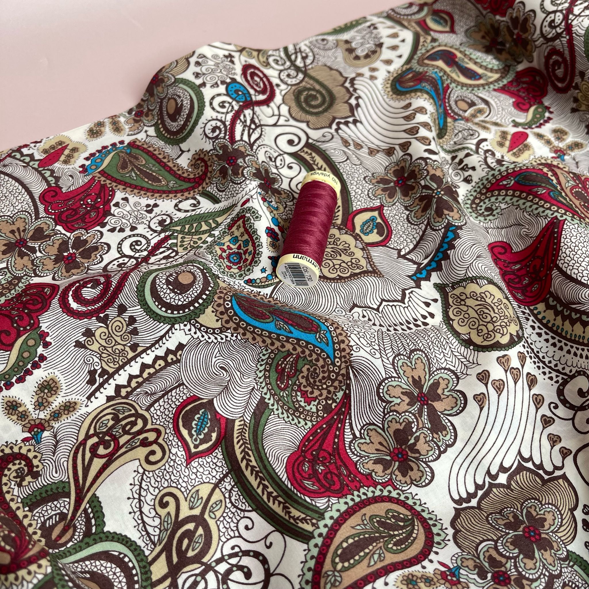 Autumn Paisley on White Cotton Lawn Fabric