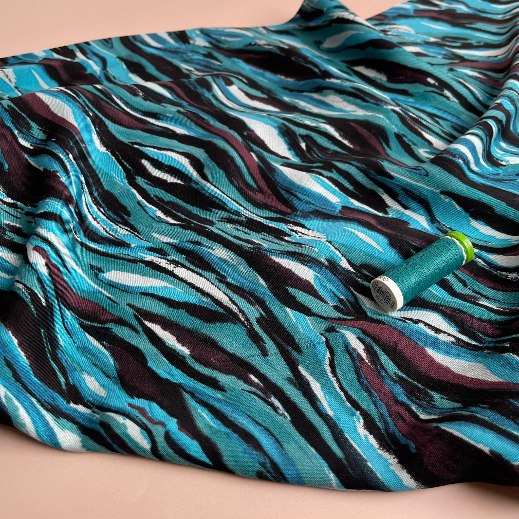 REMNANT 0.74 Metre - Waves in Petrol Viscose Twill Fabric